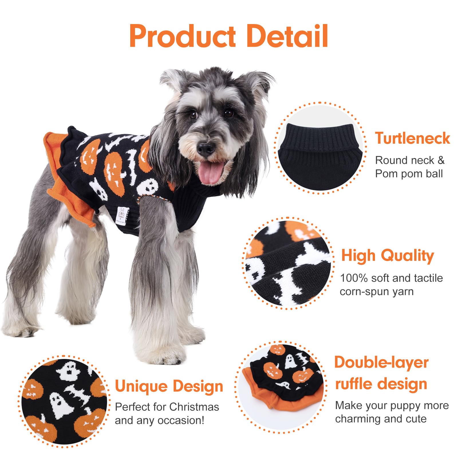 Cutebone Halloween Dog Sweater Dress For Small Dogs Girl, Pumpkin Dog Costume For Medium Large Dogs, Pullover Pet Winter Clothes