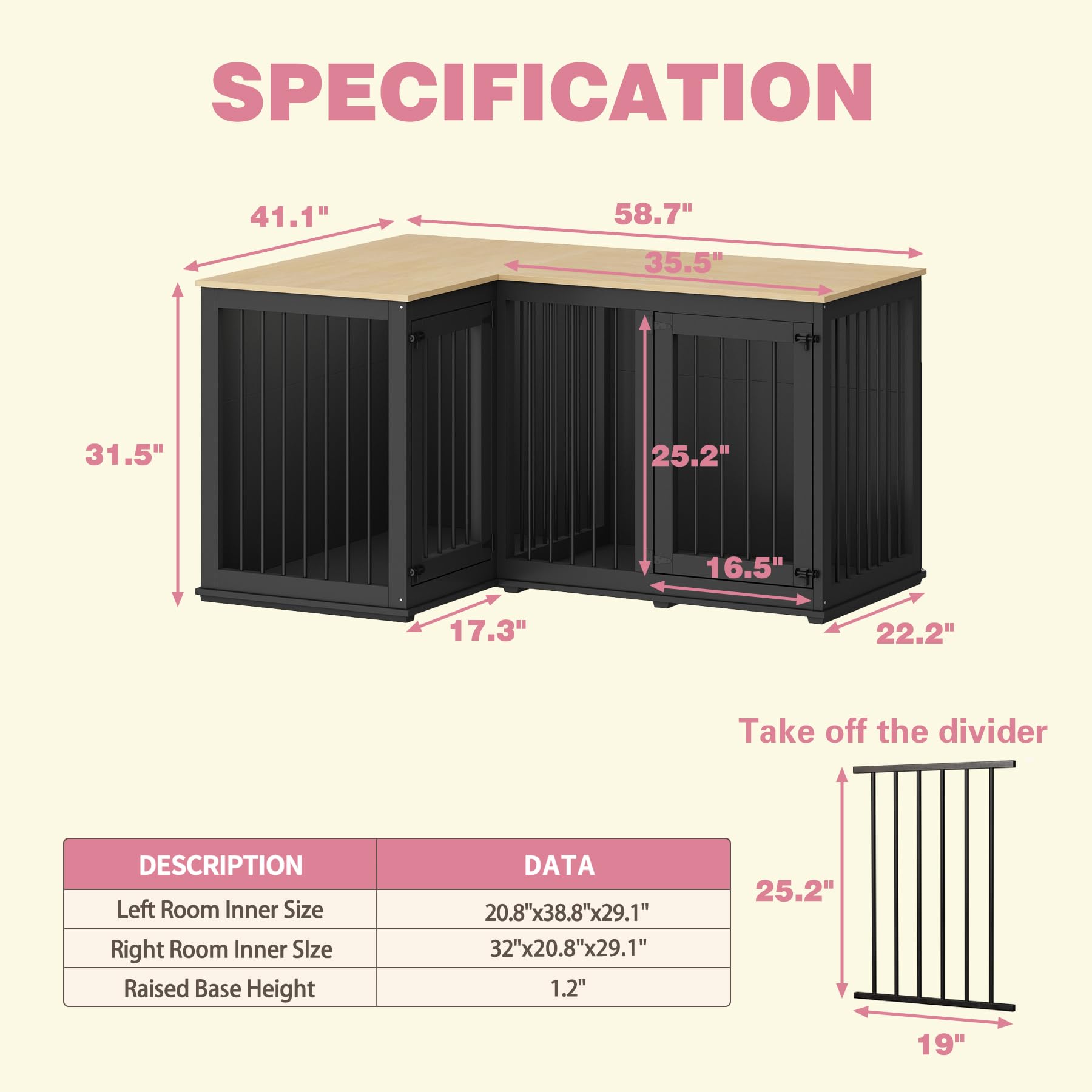DAWNSPACES Corner Dog Crate Cage, Indoor Furniture Style Heavy Duty Dog Kennel House with Double Rooms & Removable Divider for L