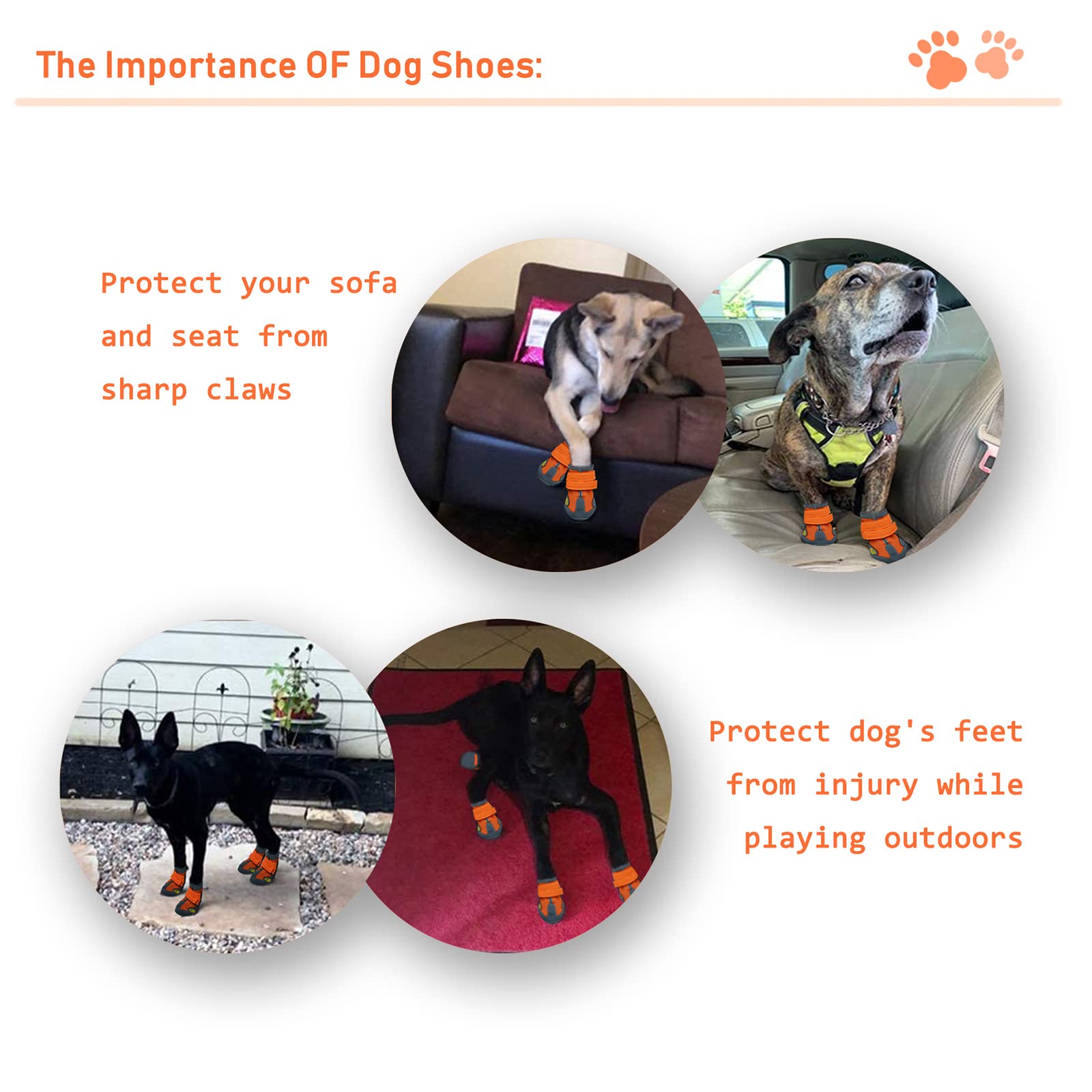 XSY&G Dog Boots - Waterproof Outdoor Shoes for Medium Large Dogs, Anti-Slip Sole, Reflective Strips, Size 8, Orange