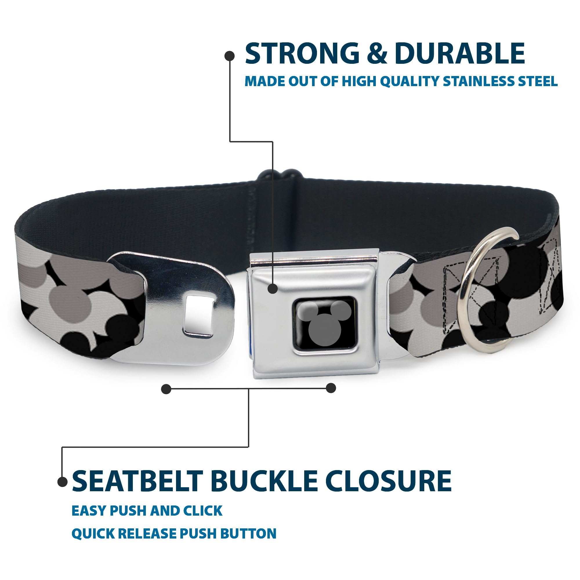 Dog Collar Seatbelt Buckle Mickey Mouse Head Stacked Black Grays 18 To 32 Inches 1.5 Inch Wide, Dc-Wdy349-Wl