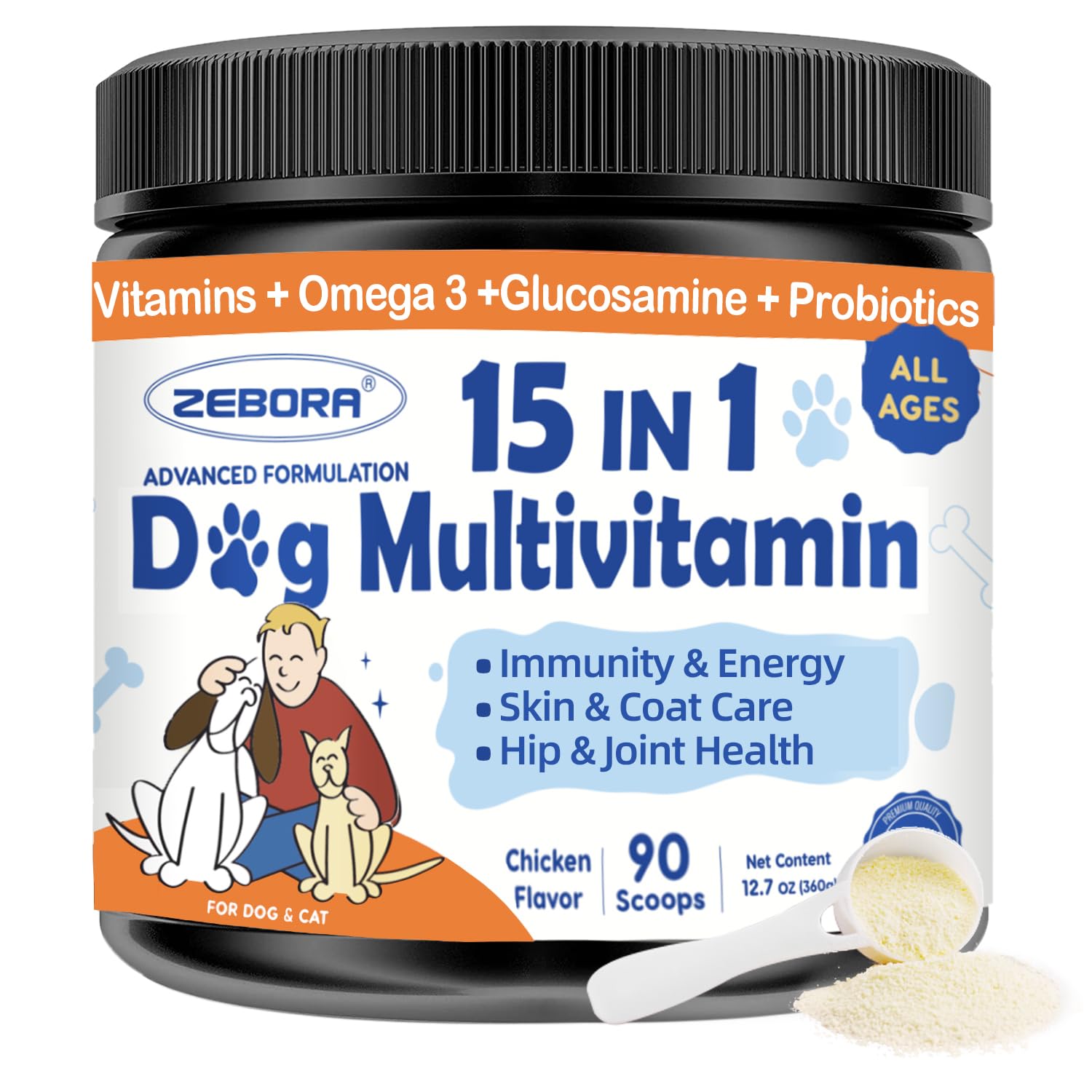 ZEBORA Dog Multivitamin Powder with Glucosamine, Dog Vitamins and Supplements for Immune Support, Skin and Coat Supplement with 