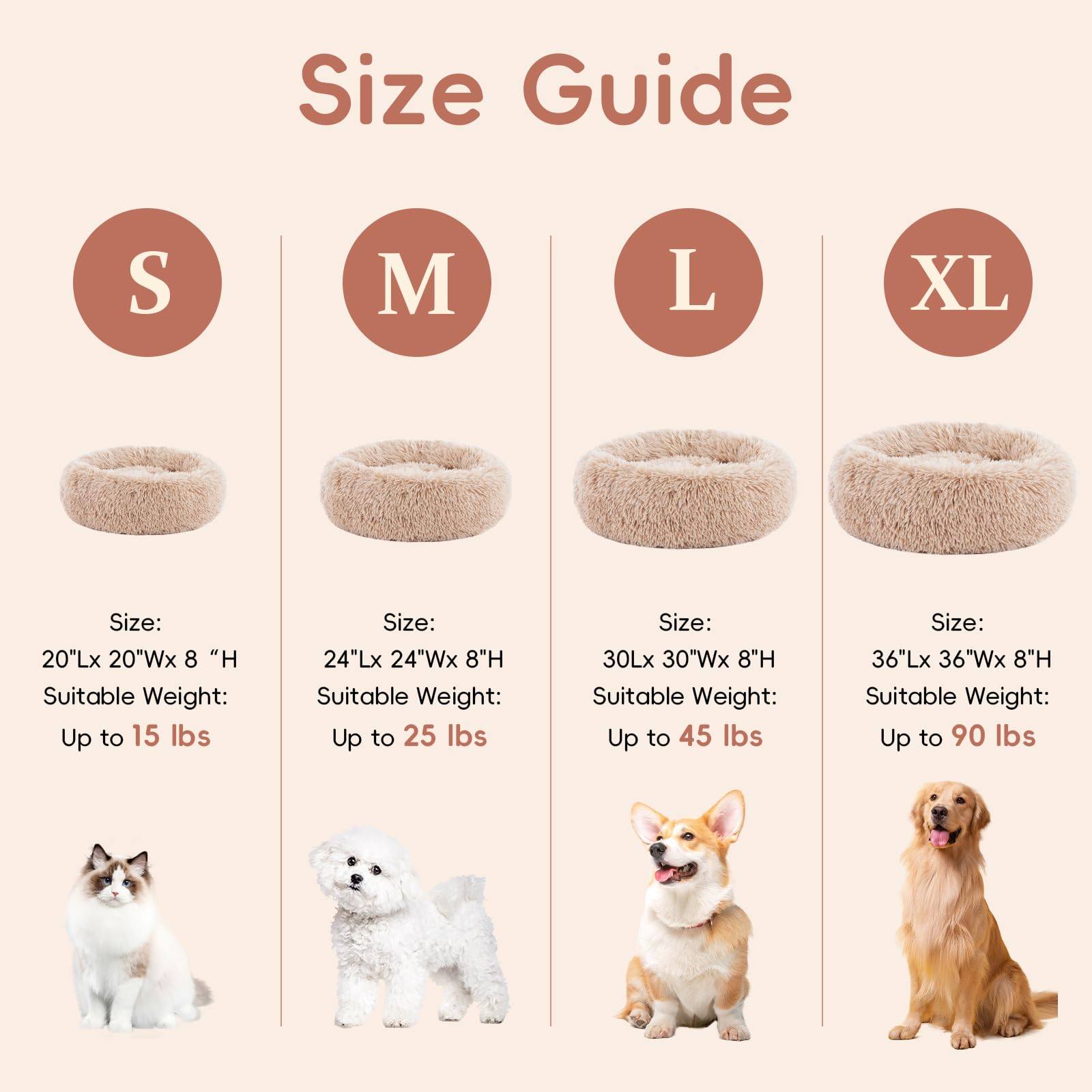 Fluffydream 24 Inch Donut Calming Cat Bed, Brown Dog Round Sofa Washable, Plush Fur Pet Chair, Brown