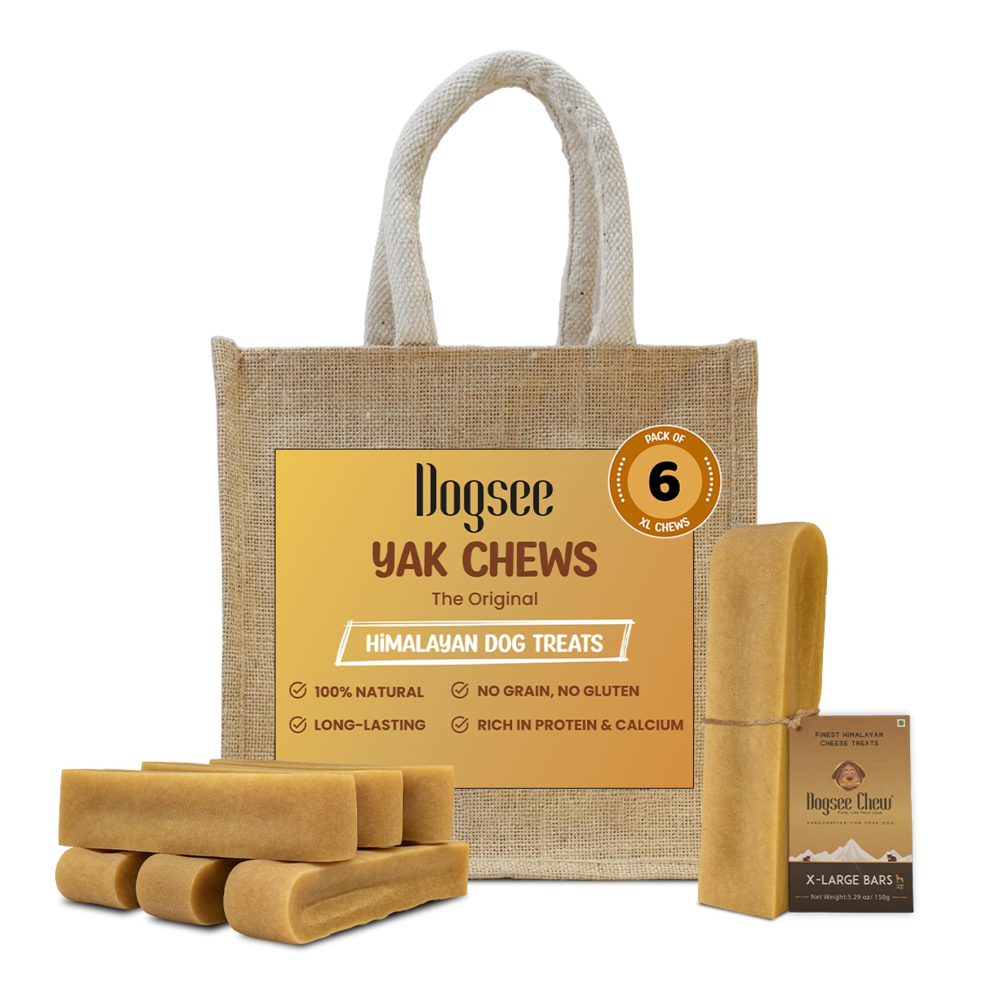 Dogsee Original Himalayan Yak Cheese Dog Chews XL - 6 Chews | Dog Treats Rawhide Free | Fight Plaque & Tartar | All Natural Long