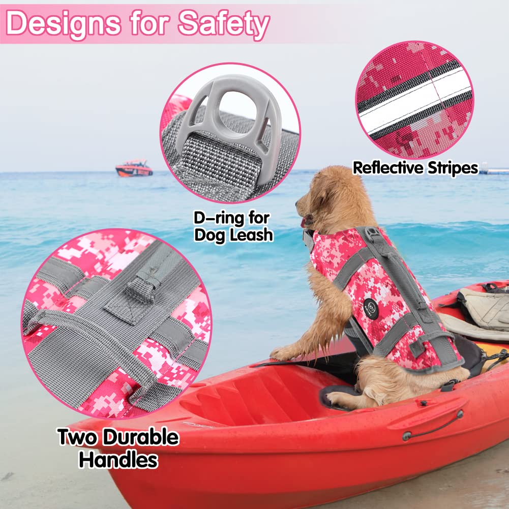 Emust Dog Life Jackets - High Buoyancy Flotation Vests For Swimming, Beach & Boating - S, New Pink Camouflage