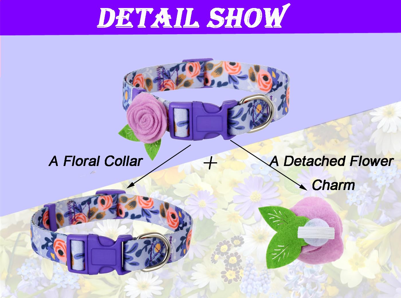 2 Pack Spring Dog Collar For Small Dogs, Quick Release Floral Dog Collar Girl With Flower Bow