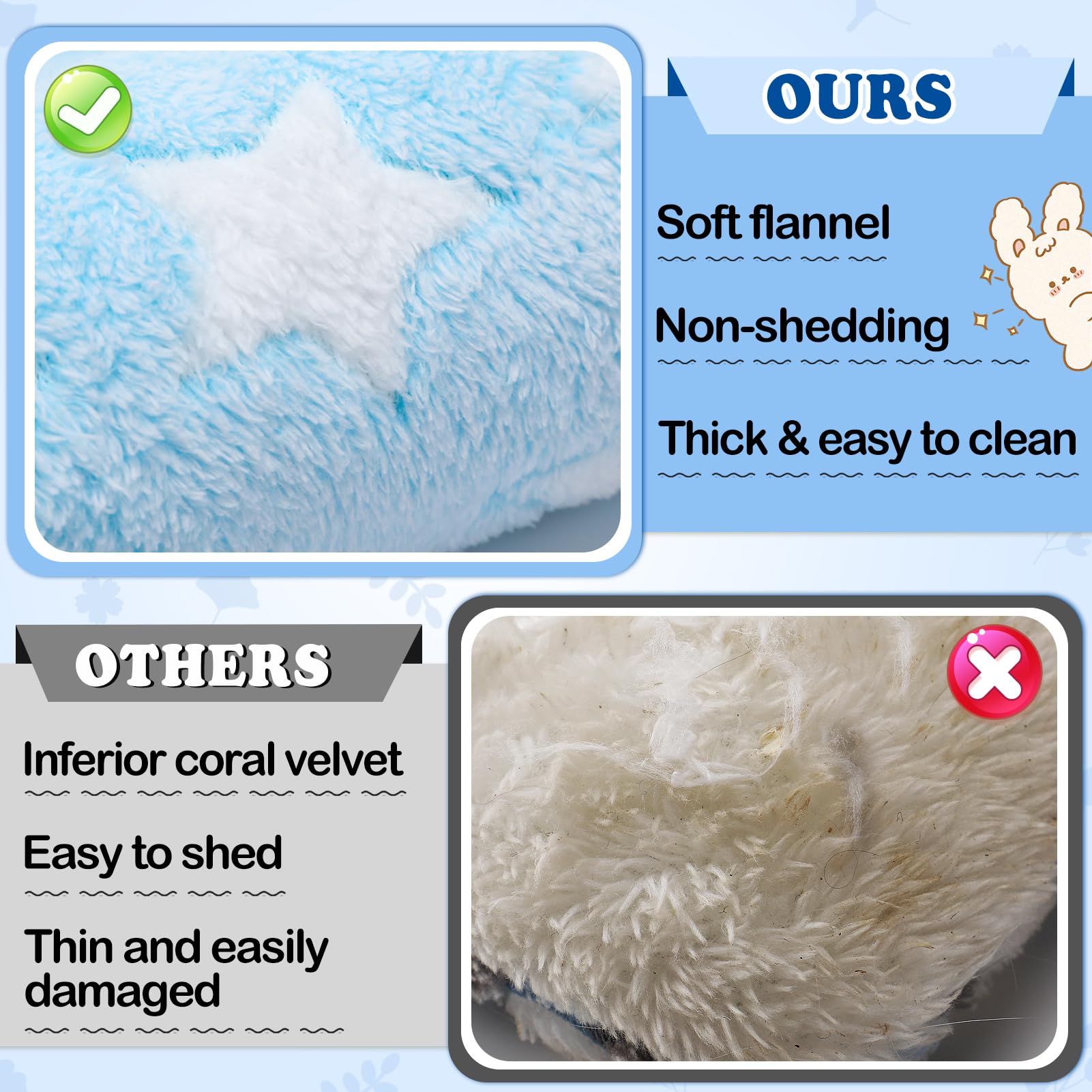 MEWTOGO Bunny Bed - Plush Flop Mat 15.7"x14", Soft Flannelette, Light Blue-Star, Includes Cotton Lounger Pillows, Model MEWTOGO-L-Star