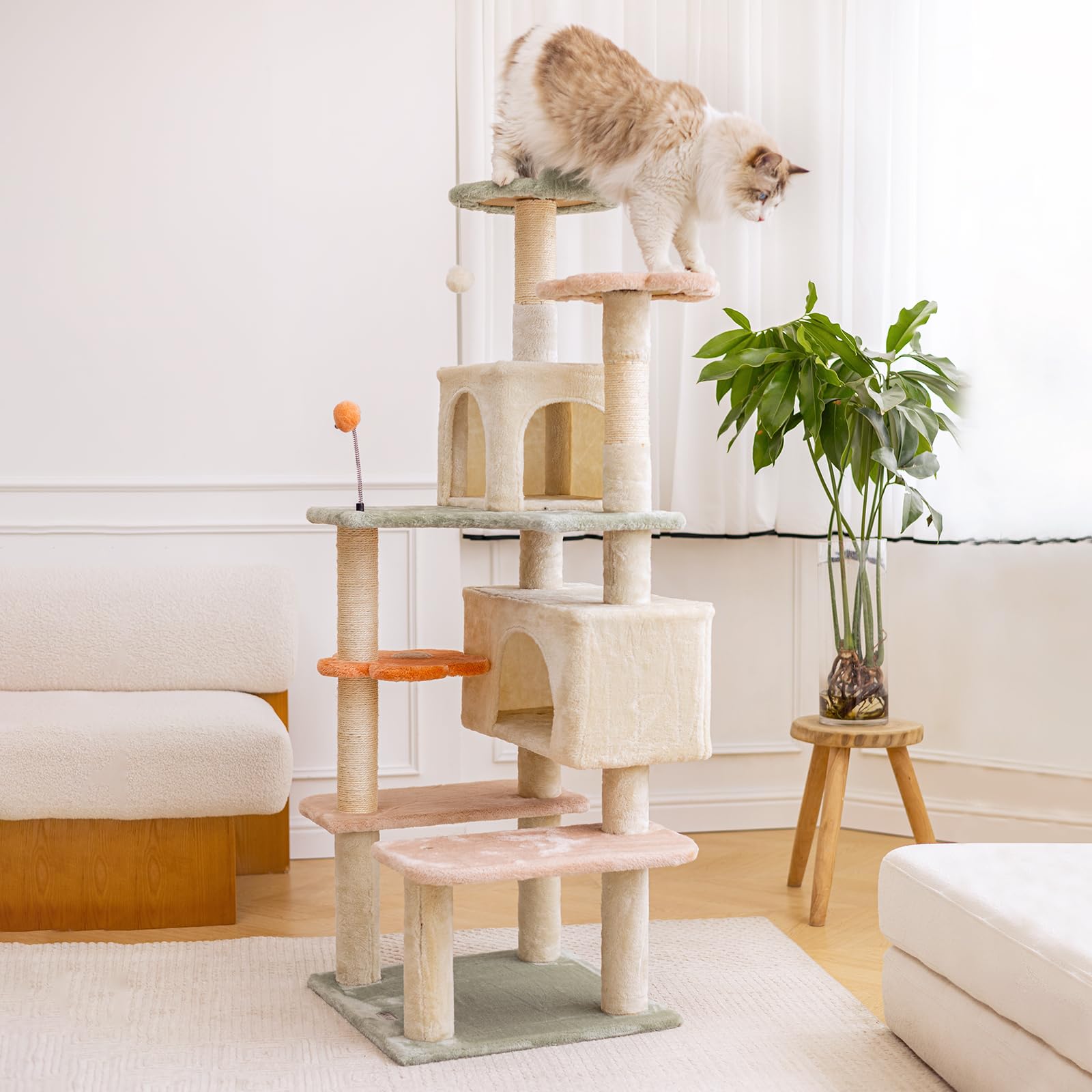 Hyabi 59 Inch Flower Cat Tree Tower Condo Multi-Level Furniture Apartment Plush Amusement Platform With Scratch Posts Toy Ball Pet House Play For Indoor Cats Large Adult