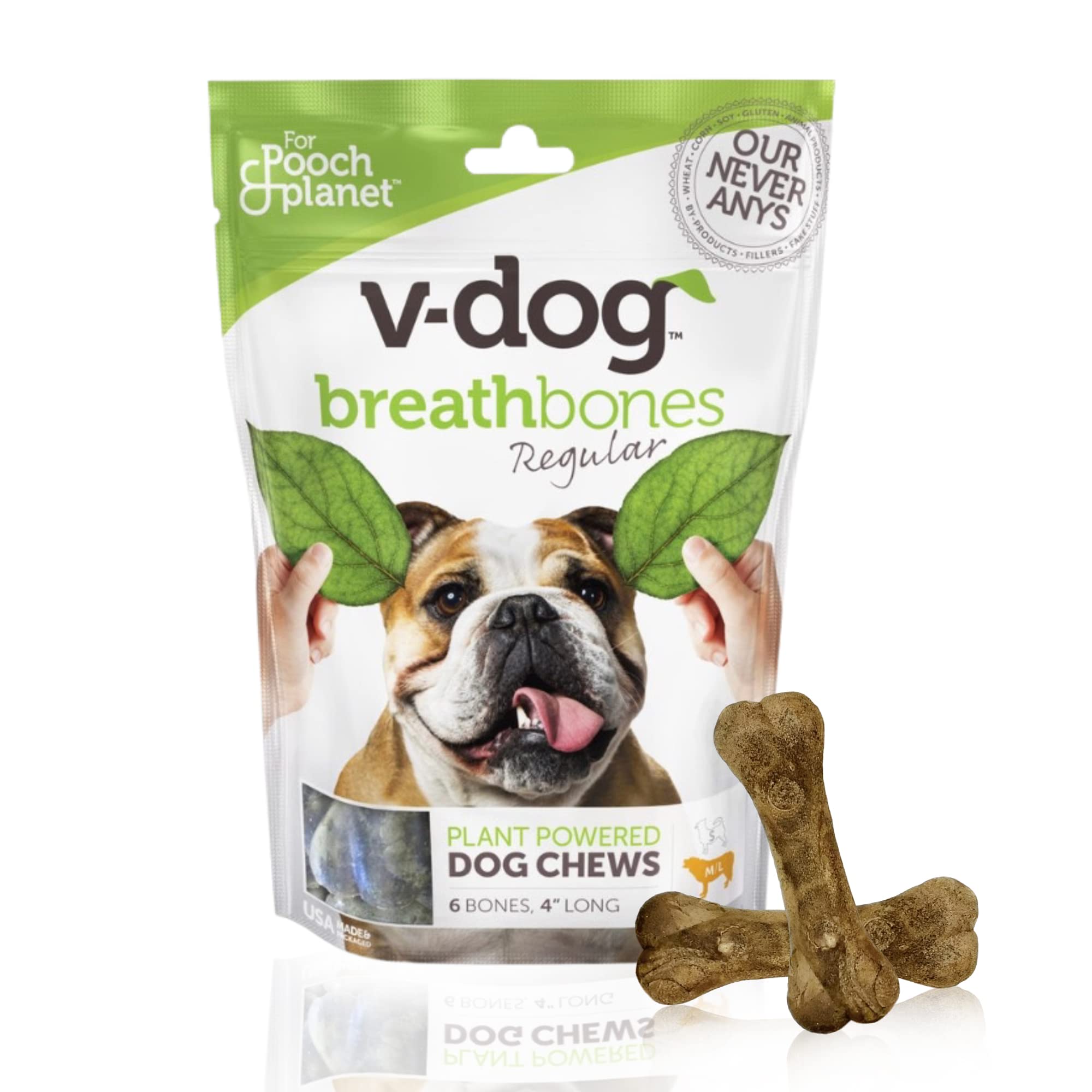 V-dog Dog Treats - Vegan Breathbone Teeth Cleaning Dental Dog Bones - Fresh Breath - 8 Ounces - All Natural - Made in USA - 6 Bo