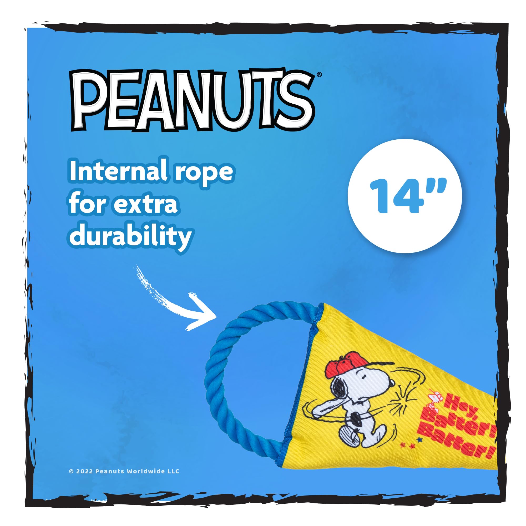 Peanuts For Pets Durable Dog Toy - Athlete Snoopy Flattie Fan Banner With Rope Tug, Squeaker, And Crinkle - Interactive Chew Toy