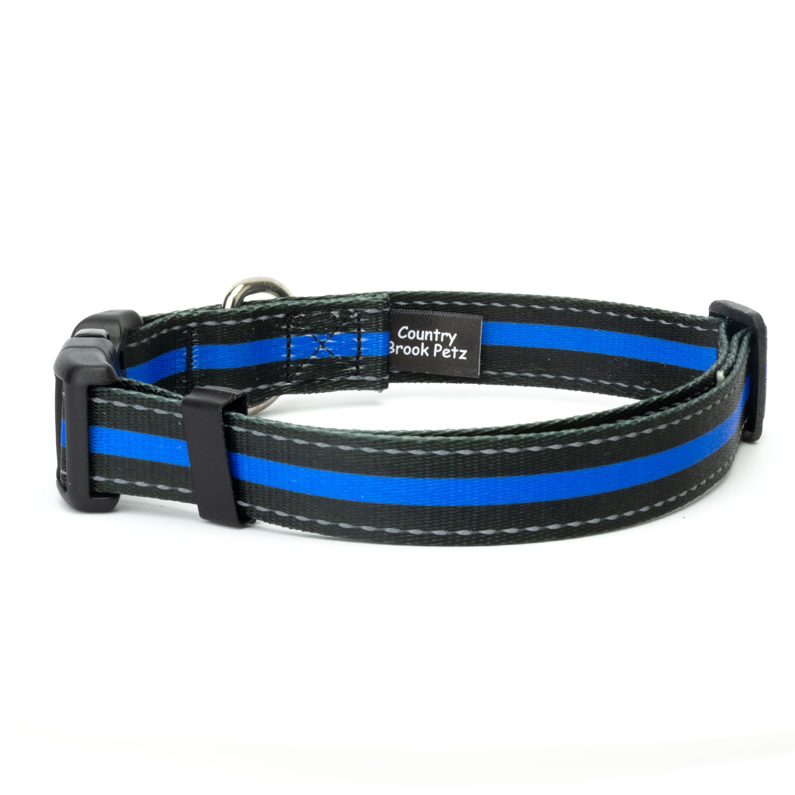 Country Brook Petz - Deluxe Thin Blue Line Reflective Dog Collar - Collection Featuring Night Safe Designs (1 Inch, Medium)