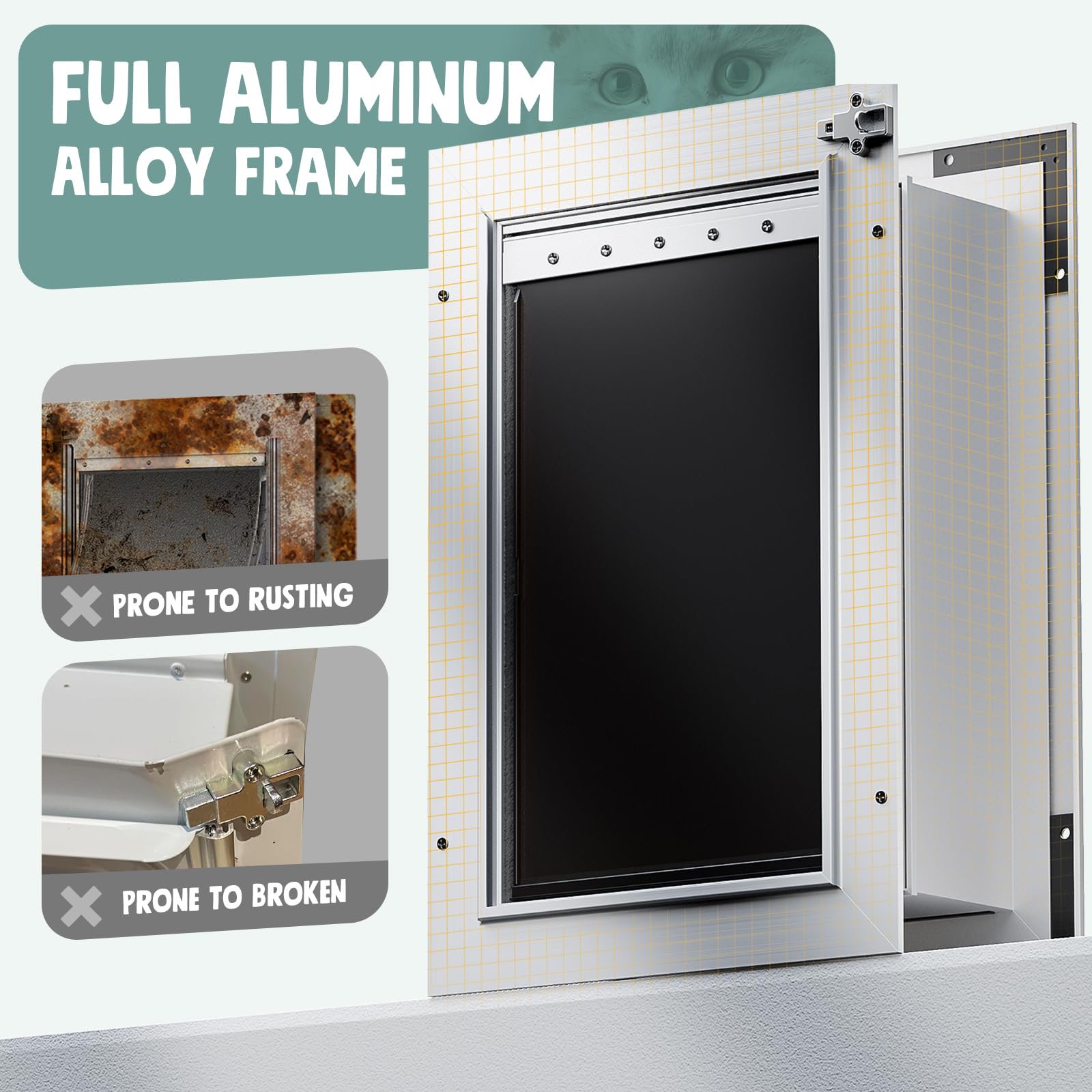 PETCOMING 3-Flap Large Dog Door - All Aluminum, White, Wall Mount, 2 Locks, Insulation, Magnetic Flaps, Model FKLHJDD3, Up to 110 LB