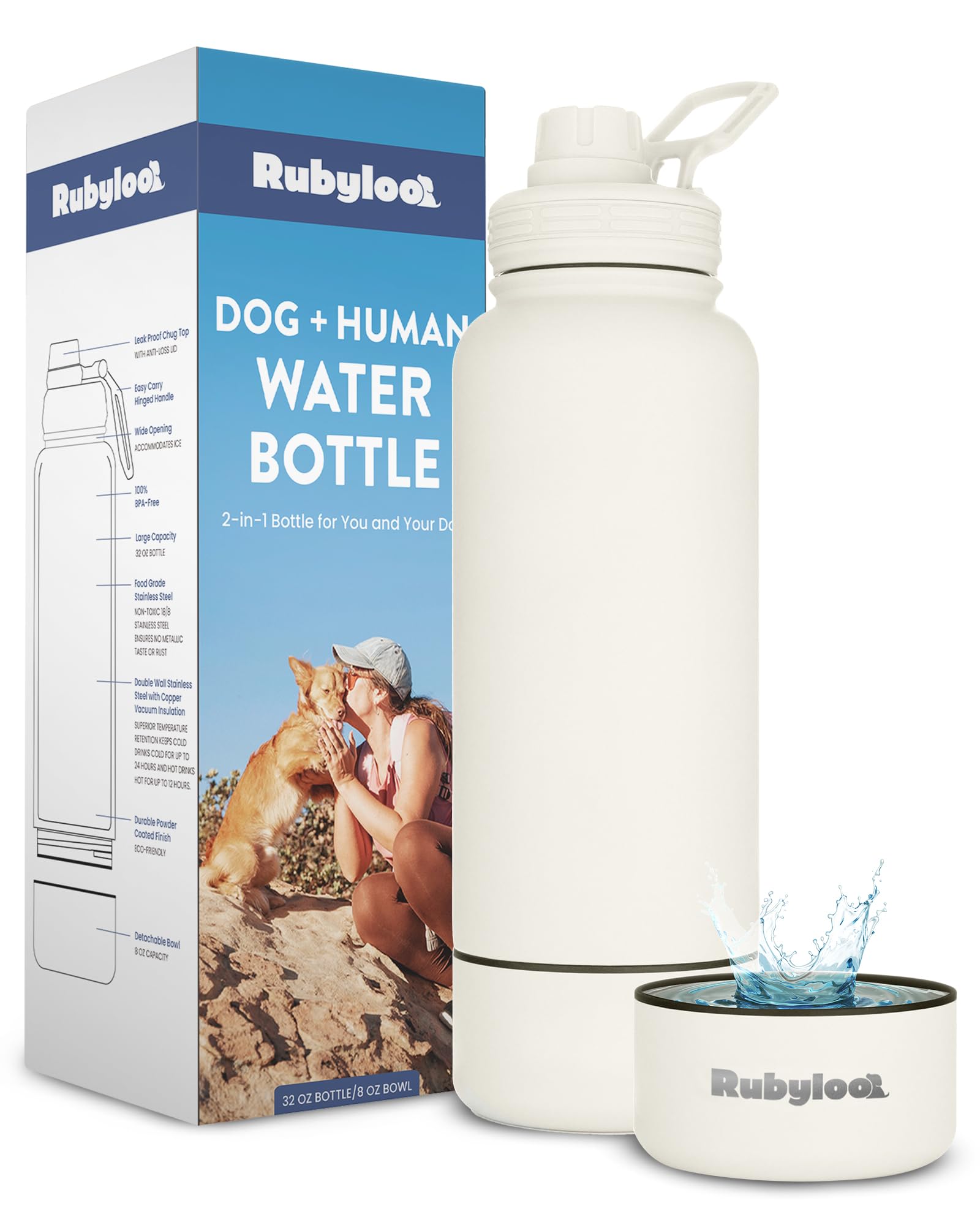 Dog Water Bottle for Dog Lovers - 32 oz Stainless Steel Double Wall Insulated Water Bottle with 8 oz Detachable Bowl - Gift for 