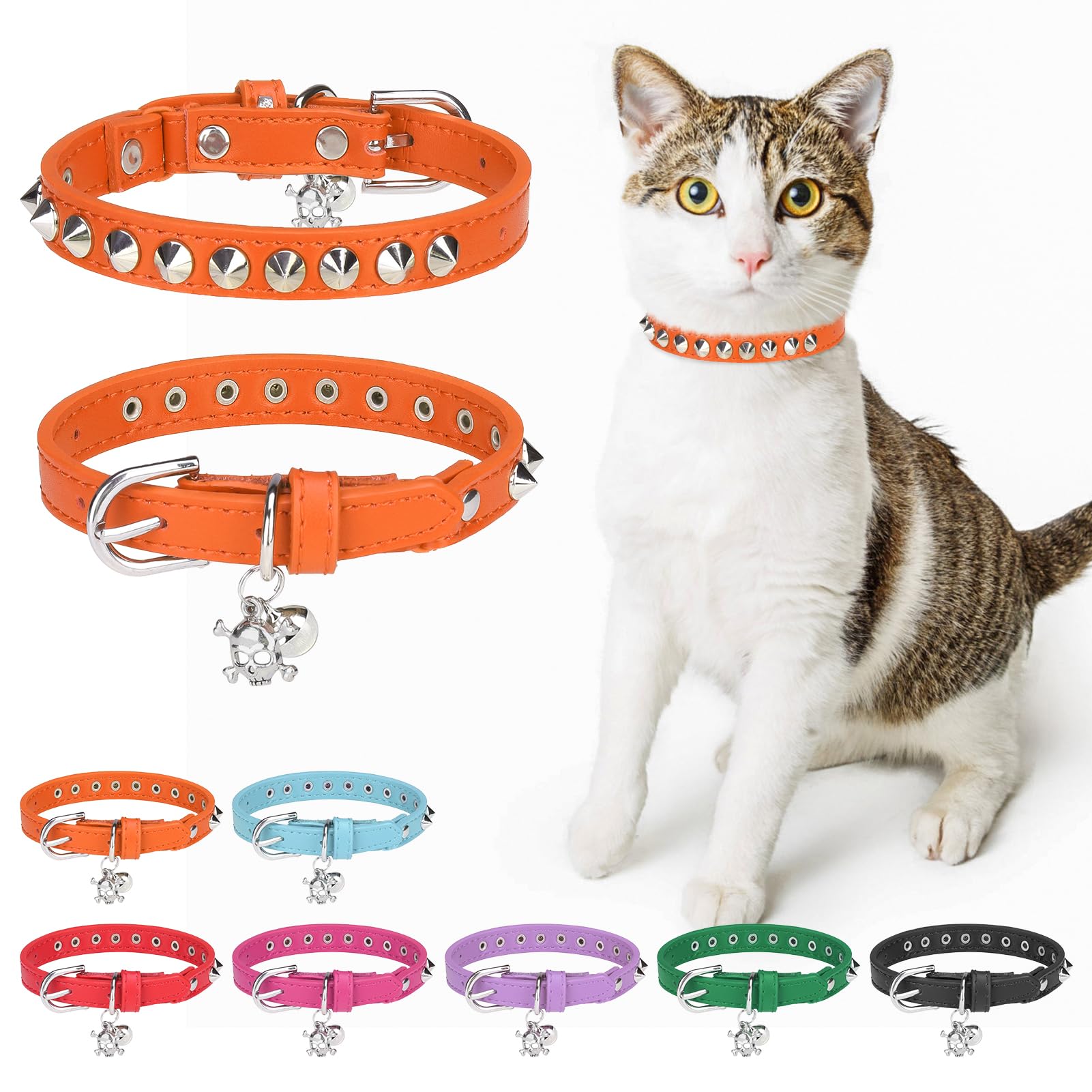Dillybud Leather Cat Collars For Boy Girl Cats With Bell And Safety Elastic Belt, Personalized Rivets Stud Adjustable Safe Buckle Collar With Skull Charm For Kitty Small Pets, Halloween Cat Collar