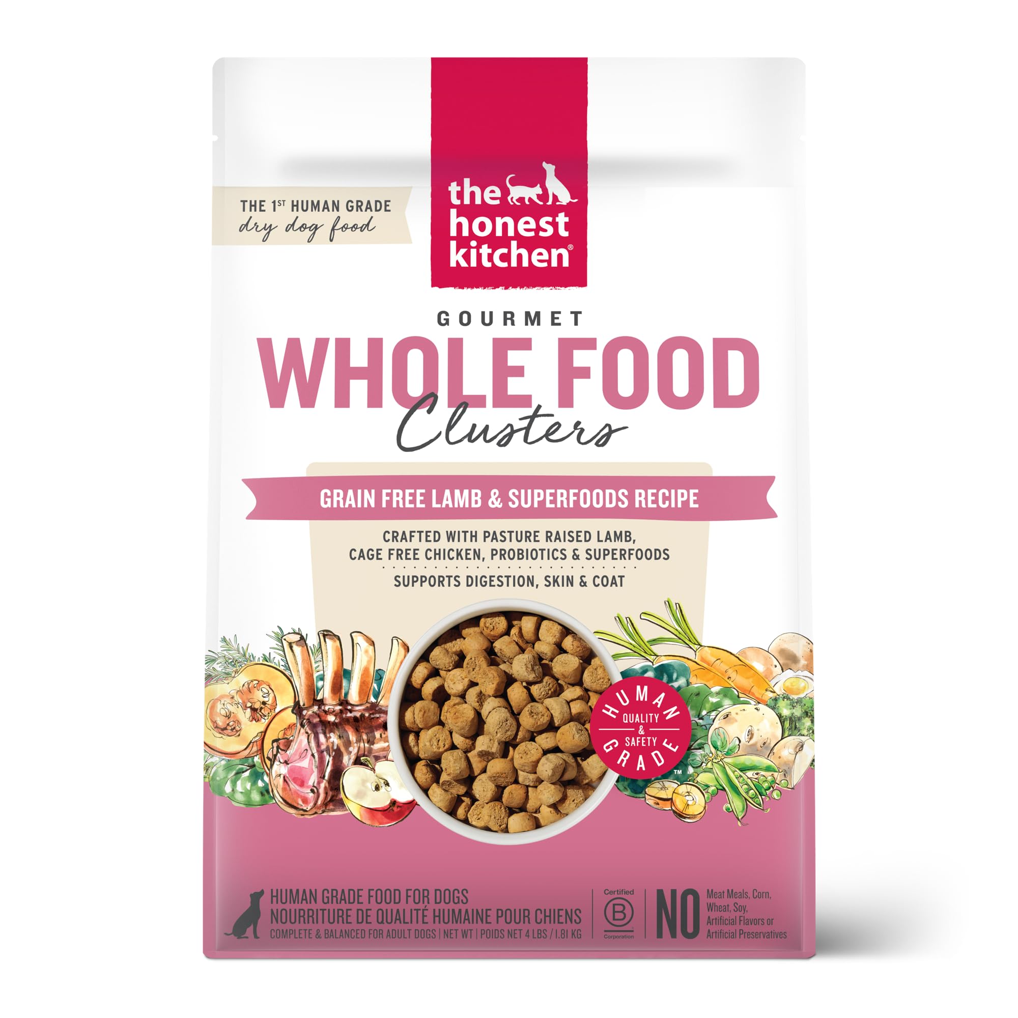 The Honest Kitchen Human Grade Dog Food, Whole Food Clusters Grain Free Lamb Dry Dog Food, 4 lb Bag