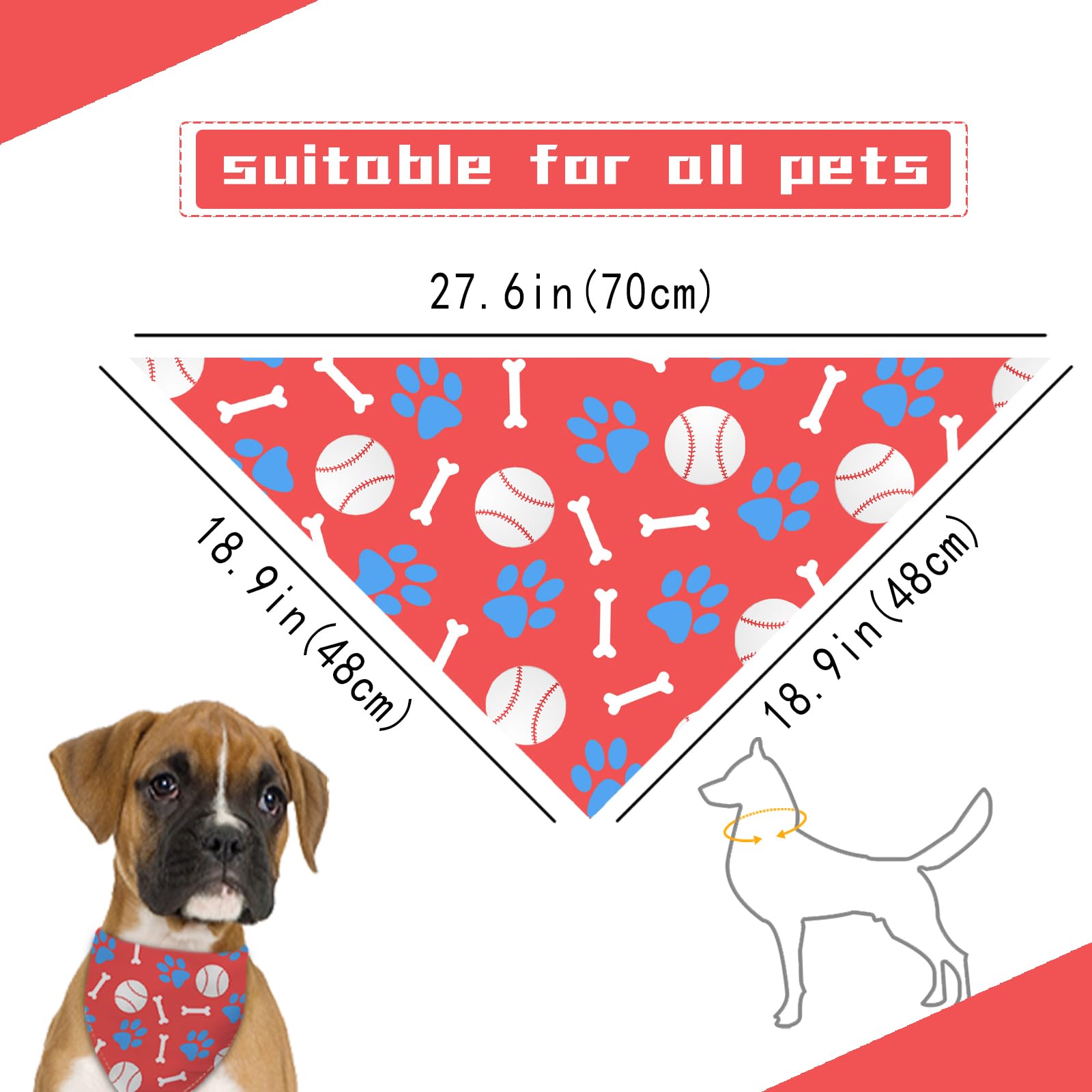 Liboom - Baseball Dog Bandana Washable Pets Scarf Triangle Adjustable Handkerchief, Double Sided Printing, Red, Blue Paw Bone (L