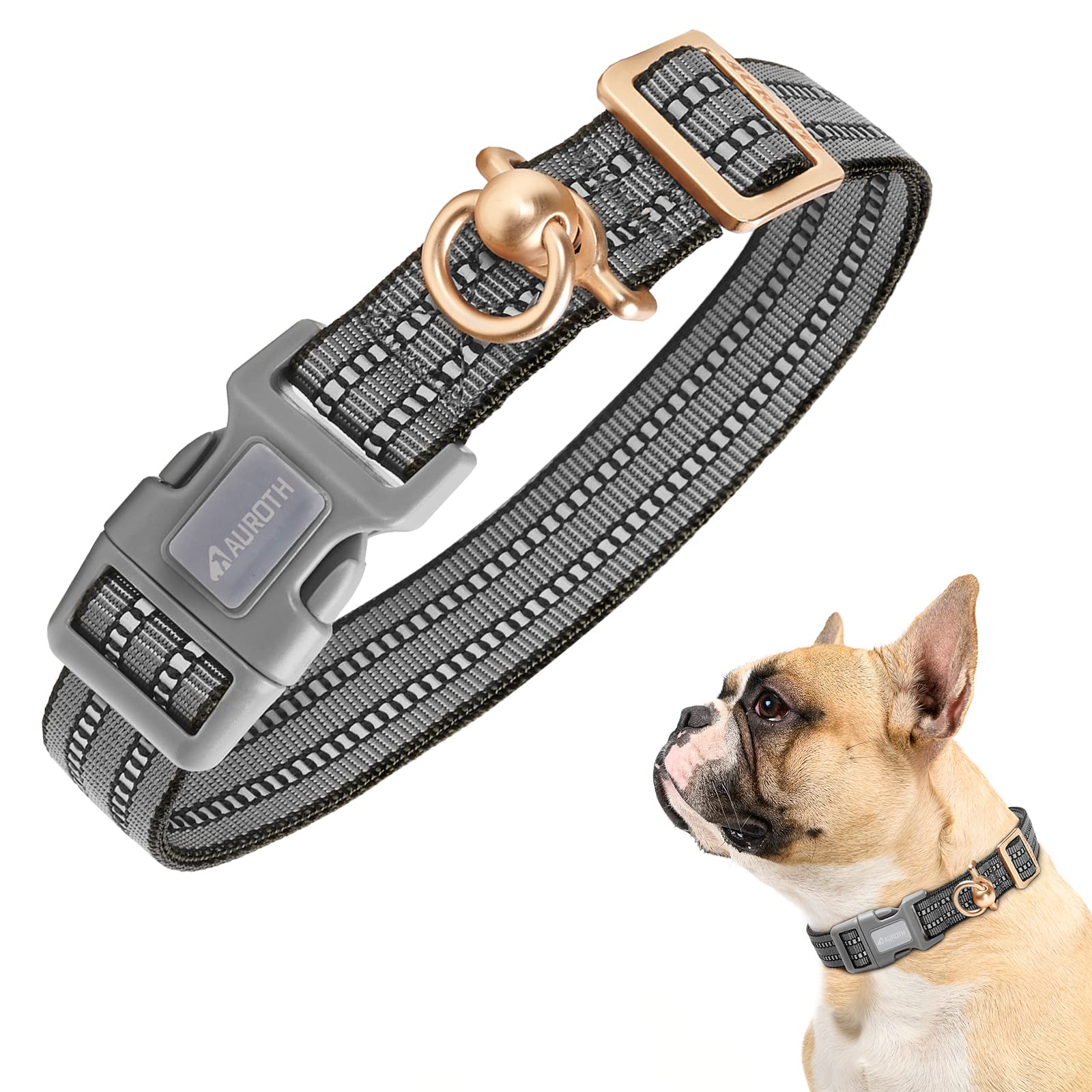 Auroth Dog Collar For Medium Large Dogs, Reflective Dog Collar, Soft Nylon Adjustable Dog Collars With Heavy Duty Metal D Ring Tangle Free (Medium:12'-19.6', Grey)