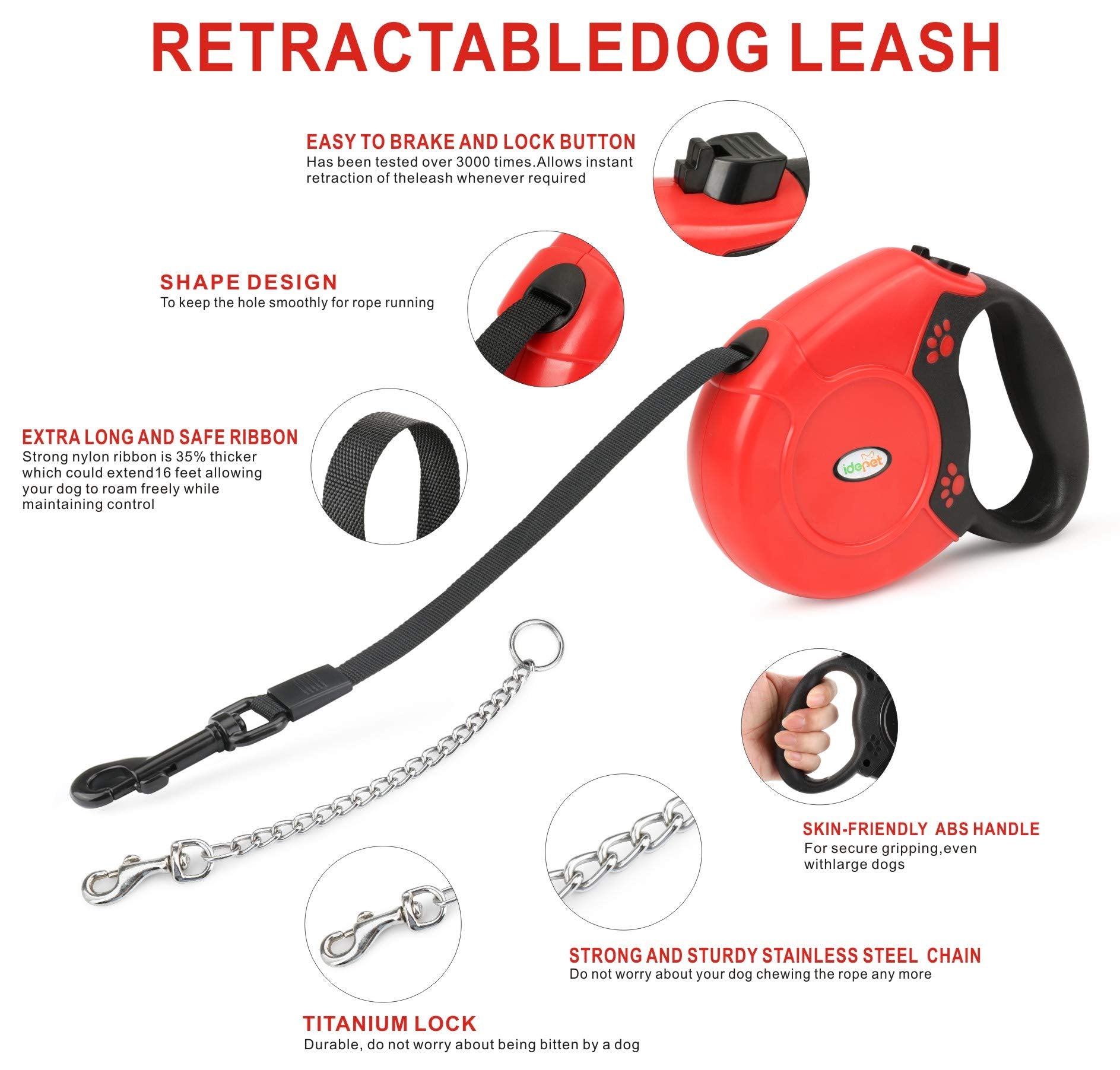 Idepet Heavy Duty Retractable Dog Leash For Small And Medium Dogs, Anti-Chewing Steel Chain 360 Degree Tangle-Free,Break And Loc