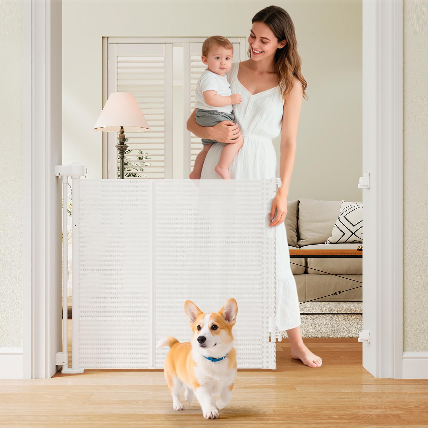 Miumoon One-Hand Operation Retractable Baby Gates, 150 inch Retractable Gate with Reinforced Strip Design to Prevent Crawling Th