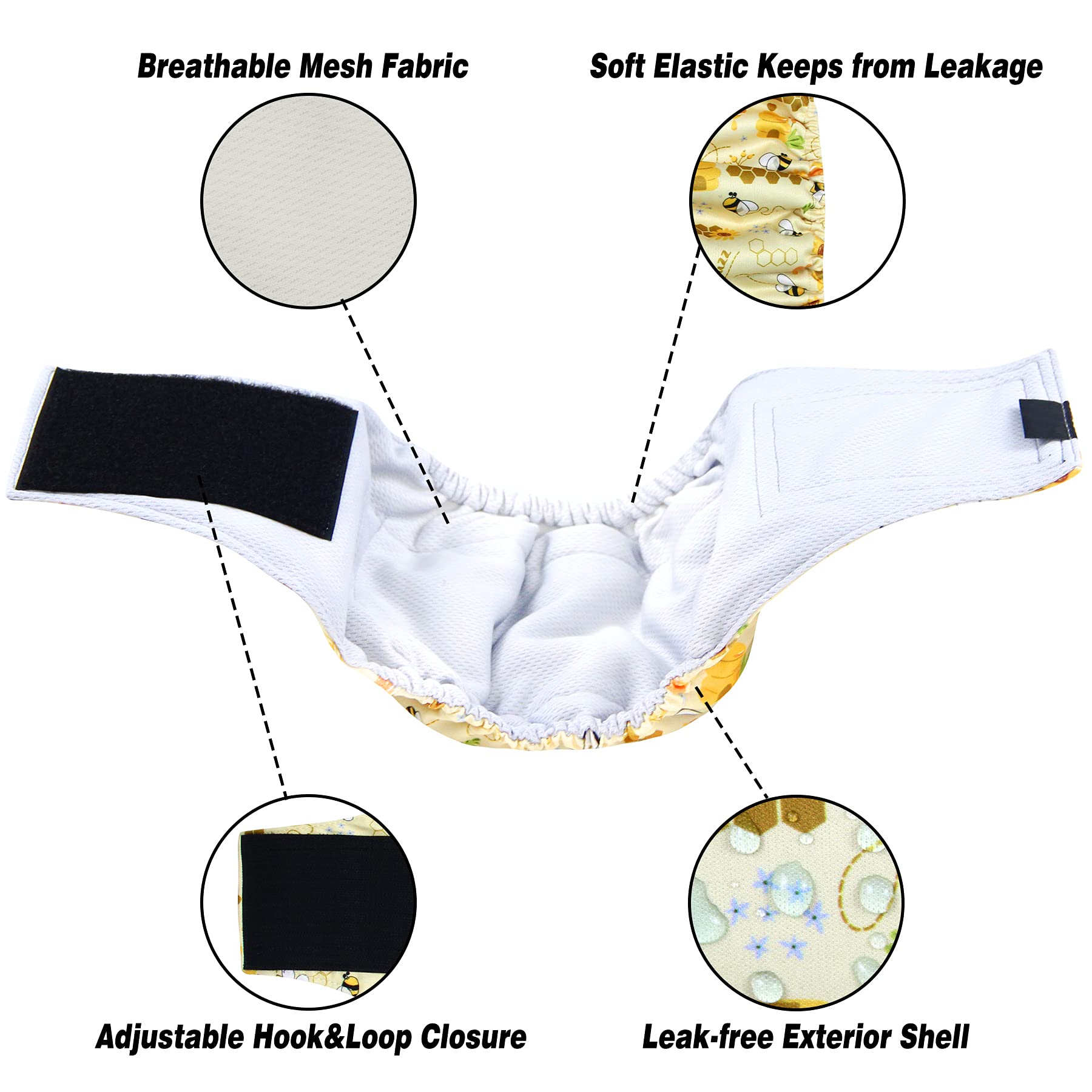 Leekalos Male Dog Diapers (3 Pack), High Absorbing Dog Belly Bands For Male Dogs, Washable Reusable Dog Male Wraps (Bee, Xx-Large)