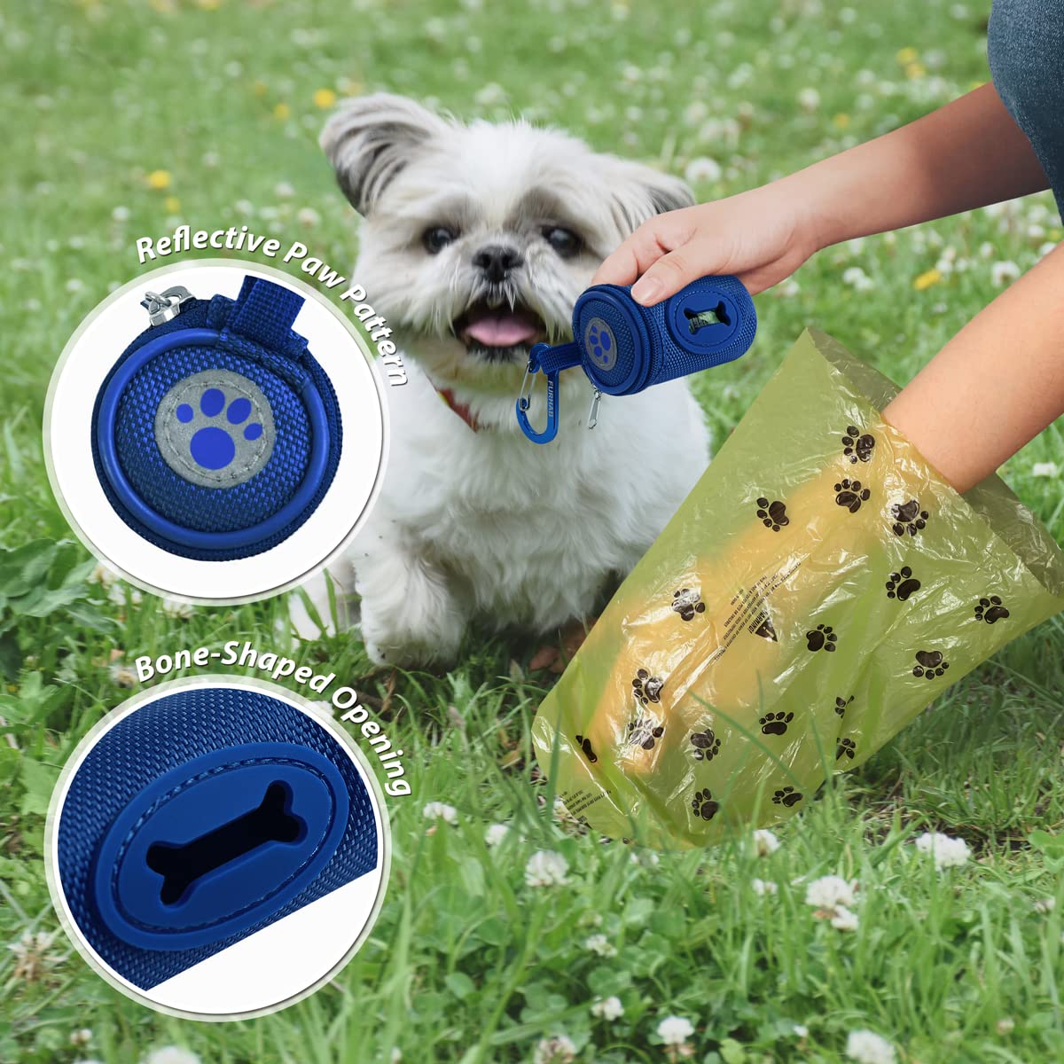 FURHAB Dog Poop Bag Holder - Soft Fabric Zipper Pouch with Carabiner, 1 Count, Royal Blue, 1680D Nylon, Model PBD-RB