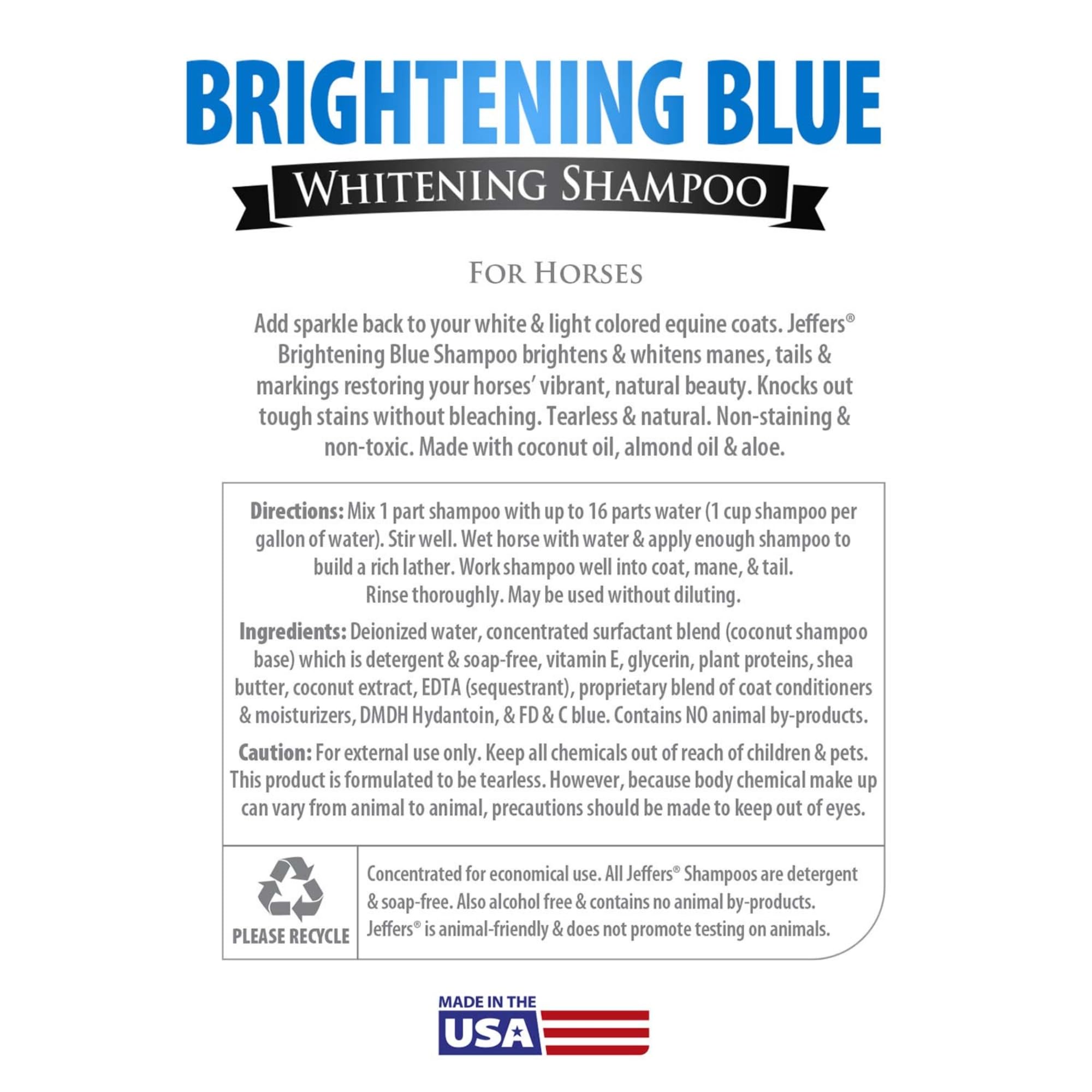 Jeffers Equine Brightening Blue Shampoo For Horses, 16 Oz - Stain Remover, Coconut Oil, Aloe, Gentle Grooming, Detergent - Free,