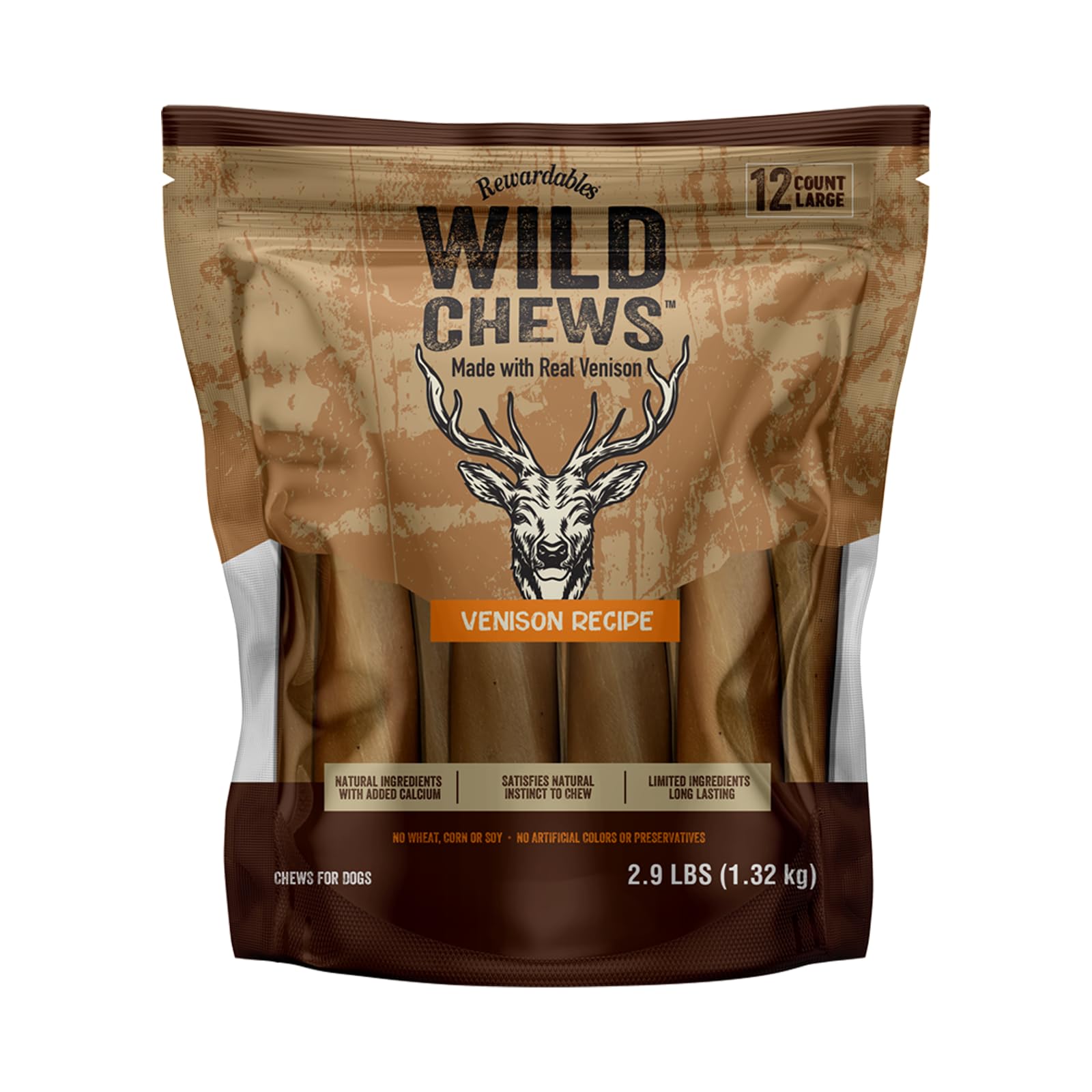 Rewardables | Wild Chews | Venison Recipe, Made with Real Venison, Limited Ingredient, Long Lasting Chews for Large Dogs | 12 Co