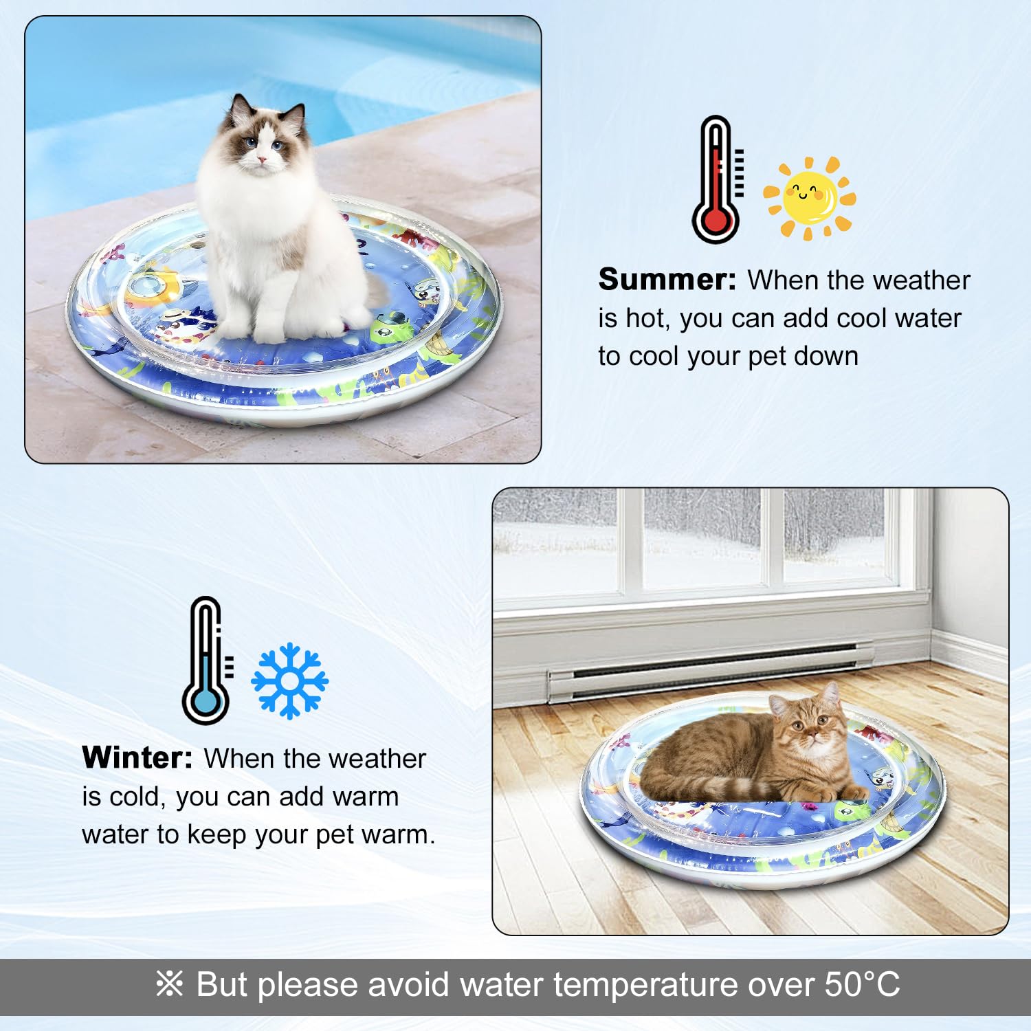 Pet Cooling Water Mat, [2025 Upgraded Two Layers & Thickened] Cat Dog Pad, Ocean Themed Round Sensory, Non-Slip Playmat, Floatin