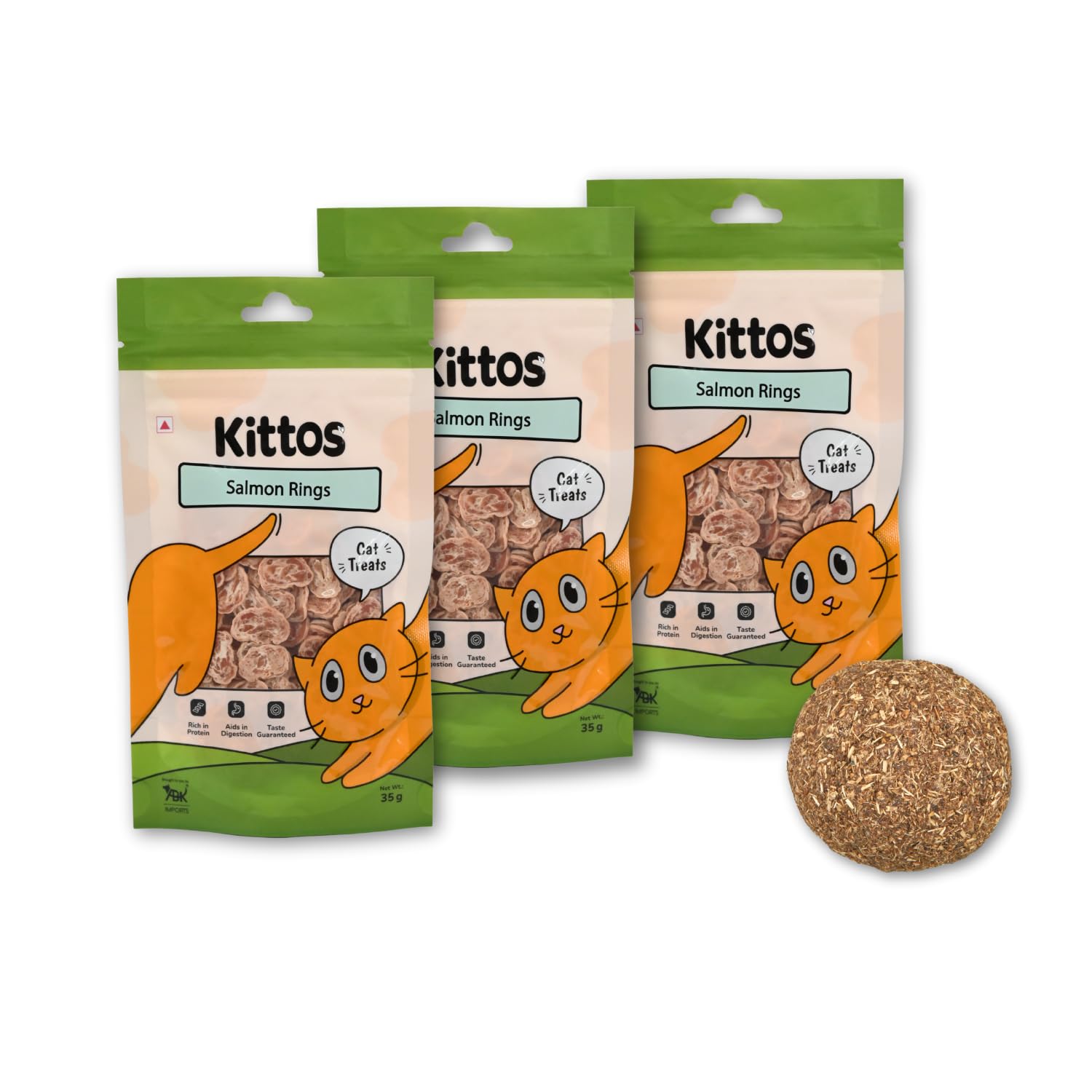 Combo Of Trixie Catnip Ball Toy For Cats  4 Cm And 3 Pack Of Kittos Salmon Rings Cat Treats, 35 G