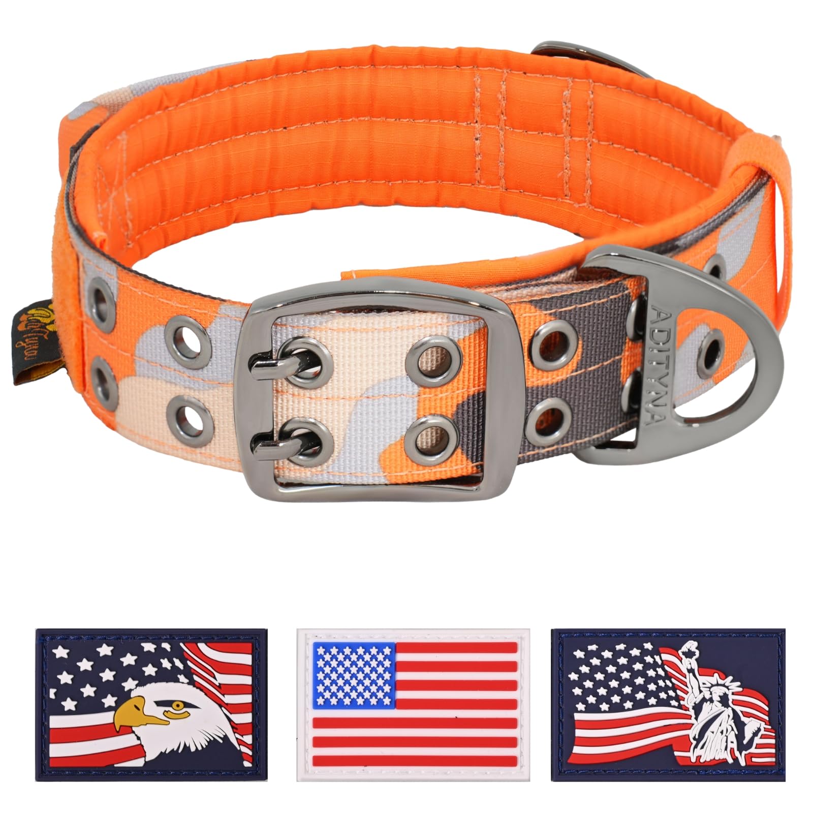 Adityna Heavy Duty Dog Collar For Medium Dogs - Camo Orange Collar With Handle For Training, And Walking - Wide, Thick, Tactical