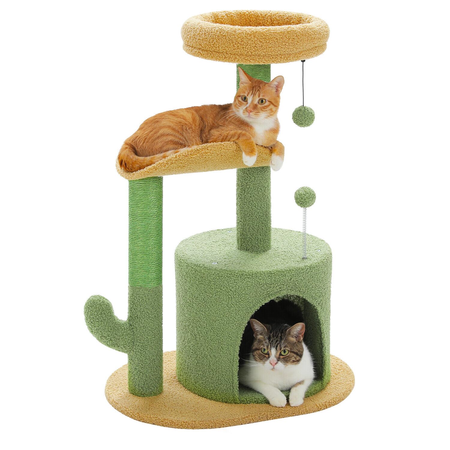 Pawz Road Cactus Cat Tree Small Cat Tower 32    Cat Scratching Post With Curved Perch, Cozy Cat Condo, Removable Padded Top Bed