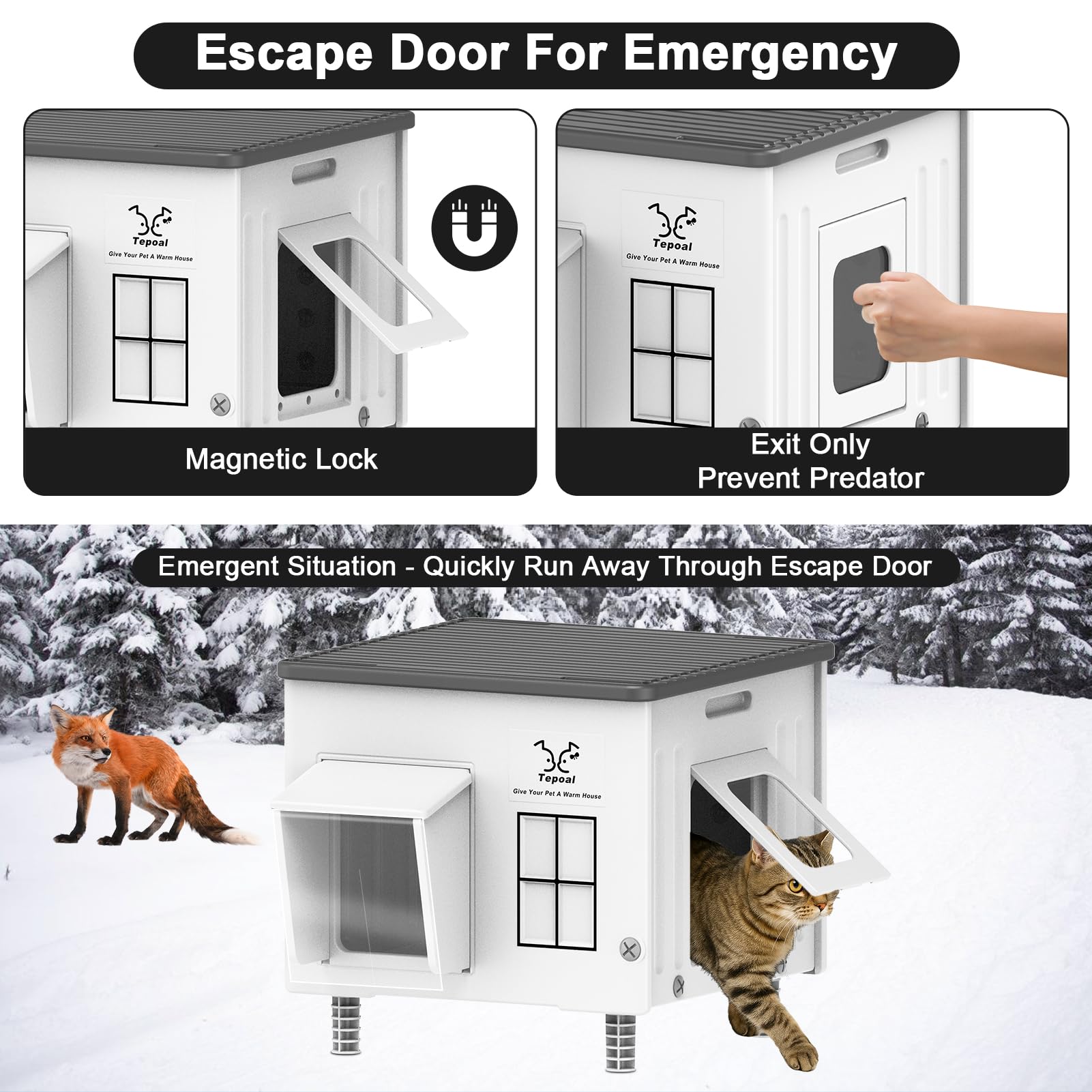 Dahivs Indestructible Large Heated Cat House for Outside, Heated Outdoor Cat House 100% Weatherproof with Escape Door, Insulated