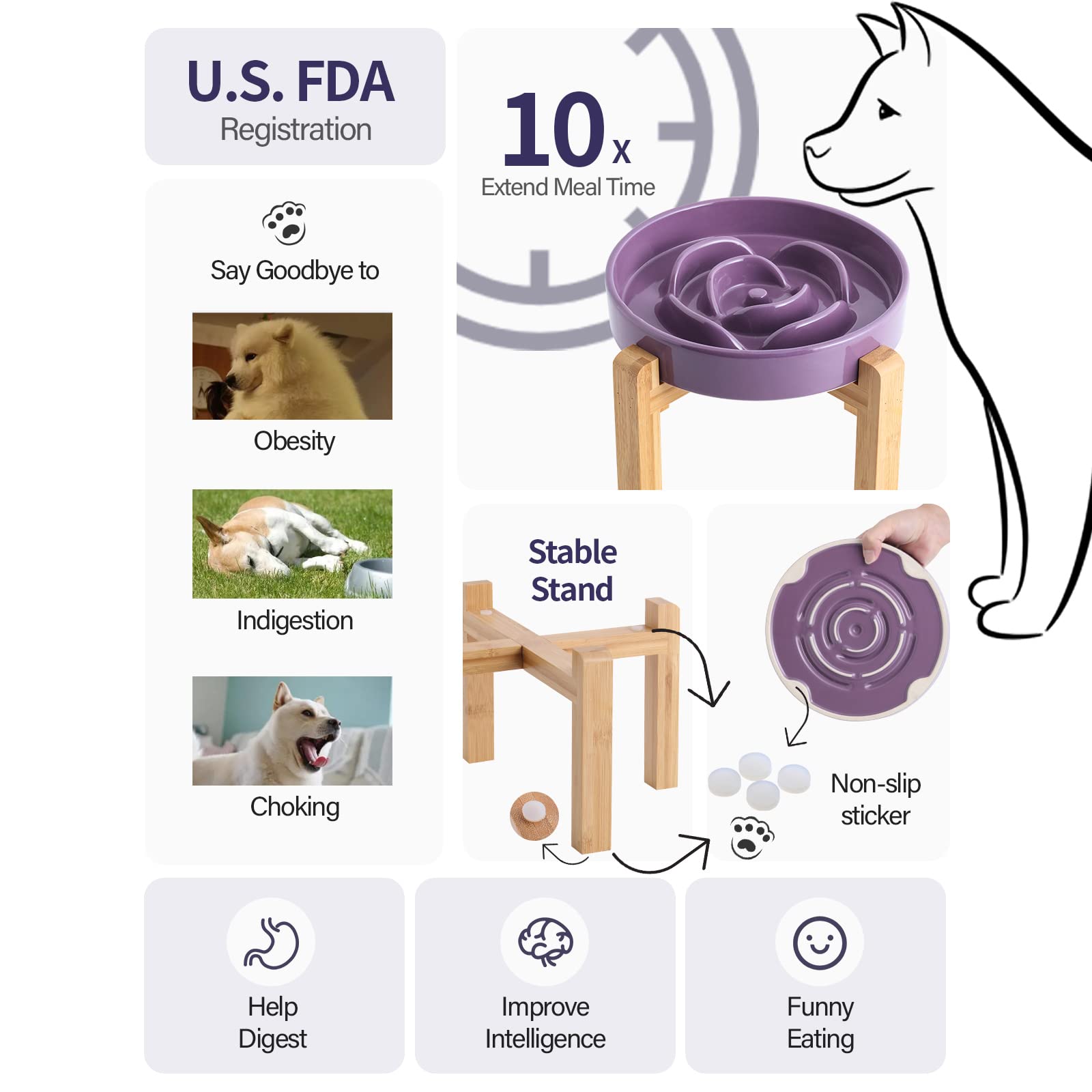 Addogyy Ceramic Elevated Dog Bowl with Wood Stand, Purple, 8.66 in Slow Feeder for Small to Large Dogs