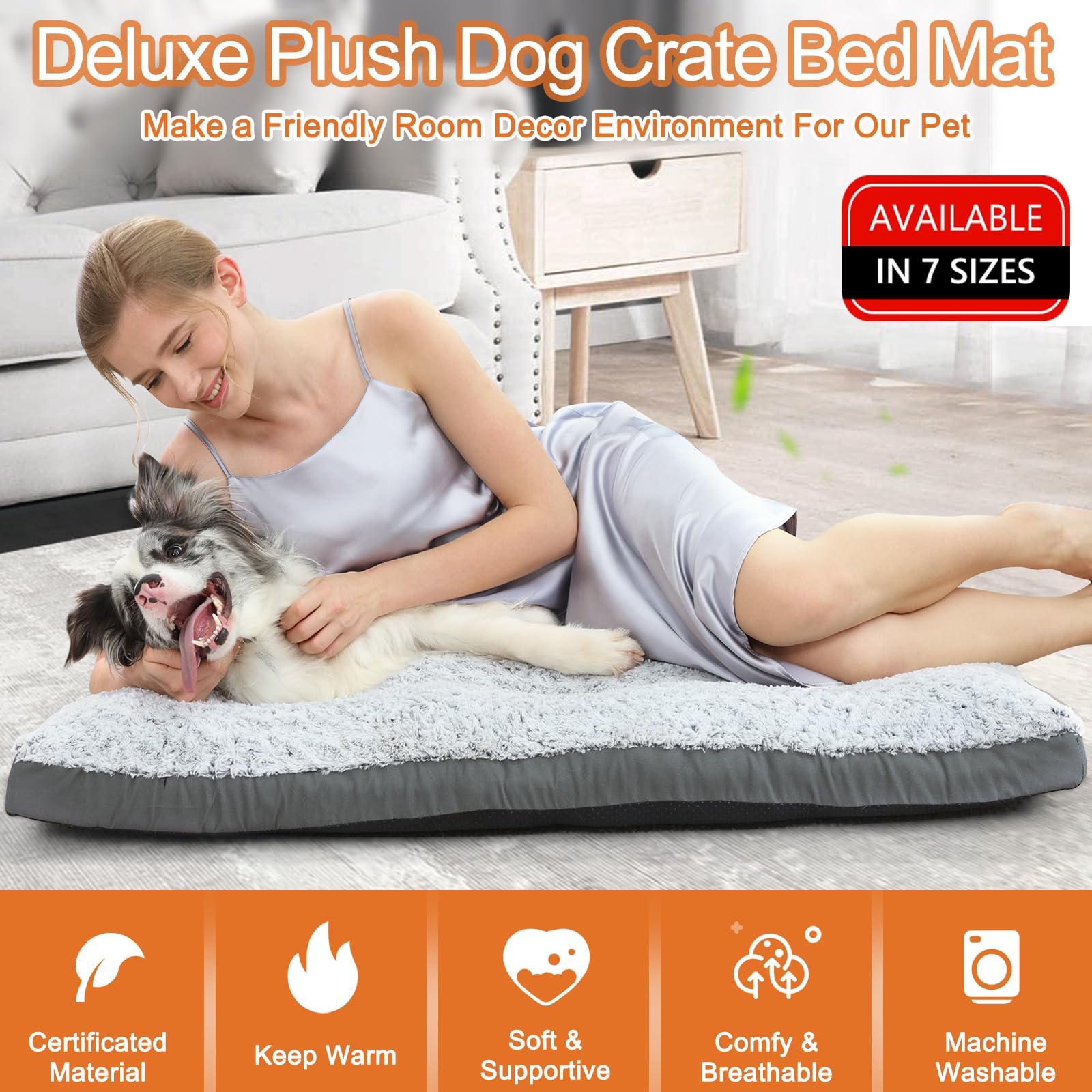 Pocblue Deluxe Washable Dog Bed For Large Dogs Dog Crate Mat 36 Inch Comfy Fluffy Kennel Pad Anti-Slip For Dogs Up To 60 Lbs, 36' X 23', Grey