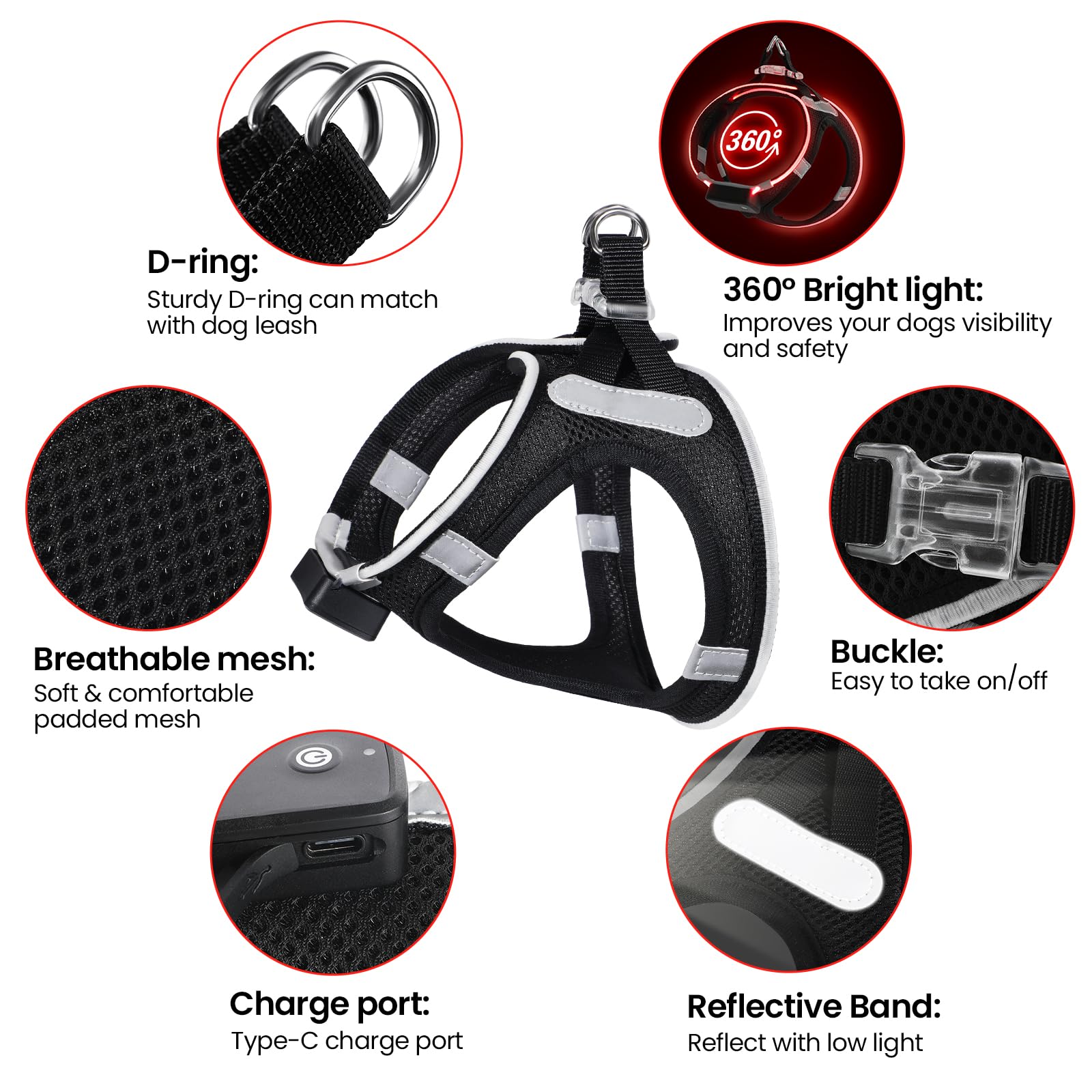 Pceotllar Light Up Dog Harness - Led, No Pull, Reflective, Flashing For Night Walking - Small/Medium Dogs (Red)