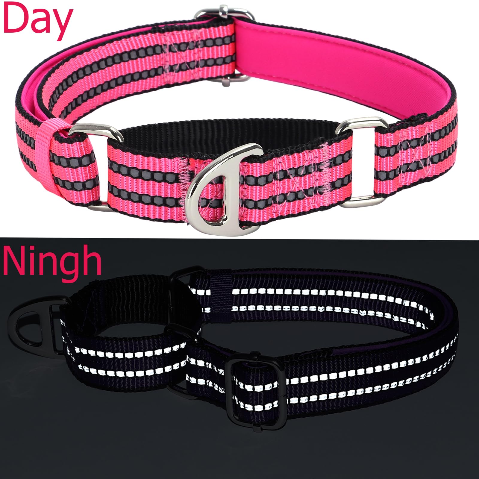 Onefojojo Martingale Dog Collars Reflective Nylon Dog Collar With No Buckle Adjustable Training No Slip Dog Collar (Large,Pink)