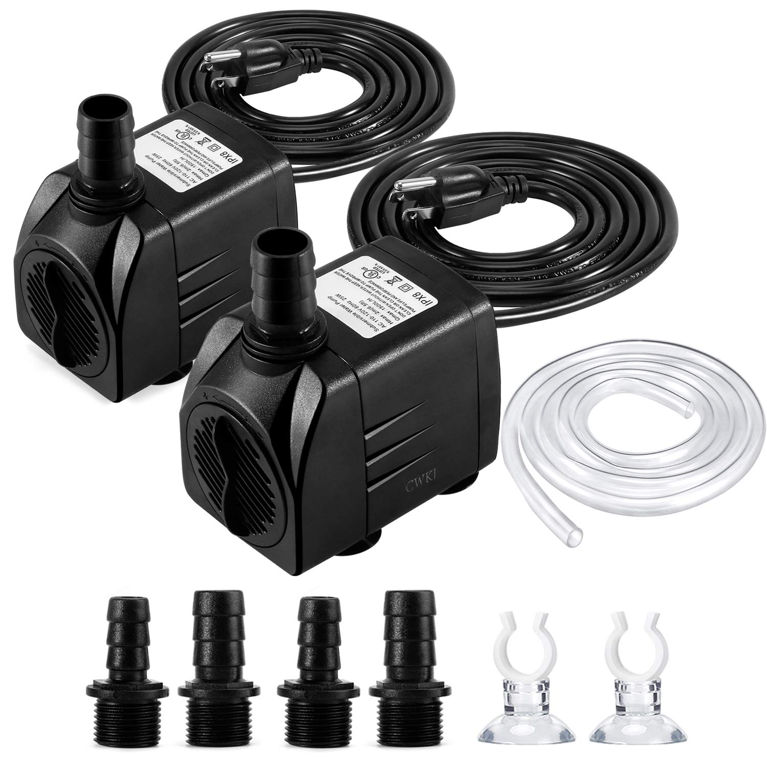 CWKJ Fountain Pump, 2 Packs 400GPH(25W 1500L/H) Submersible Water Pump, Durable Outdoor Fountain Water Pump with 6.5ft Tubing (I
