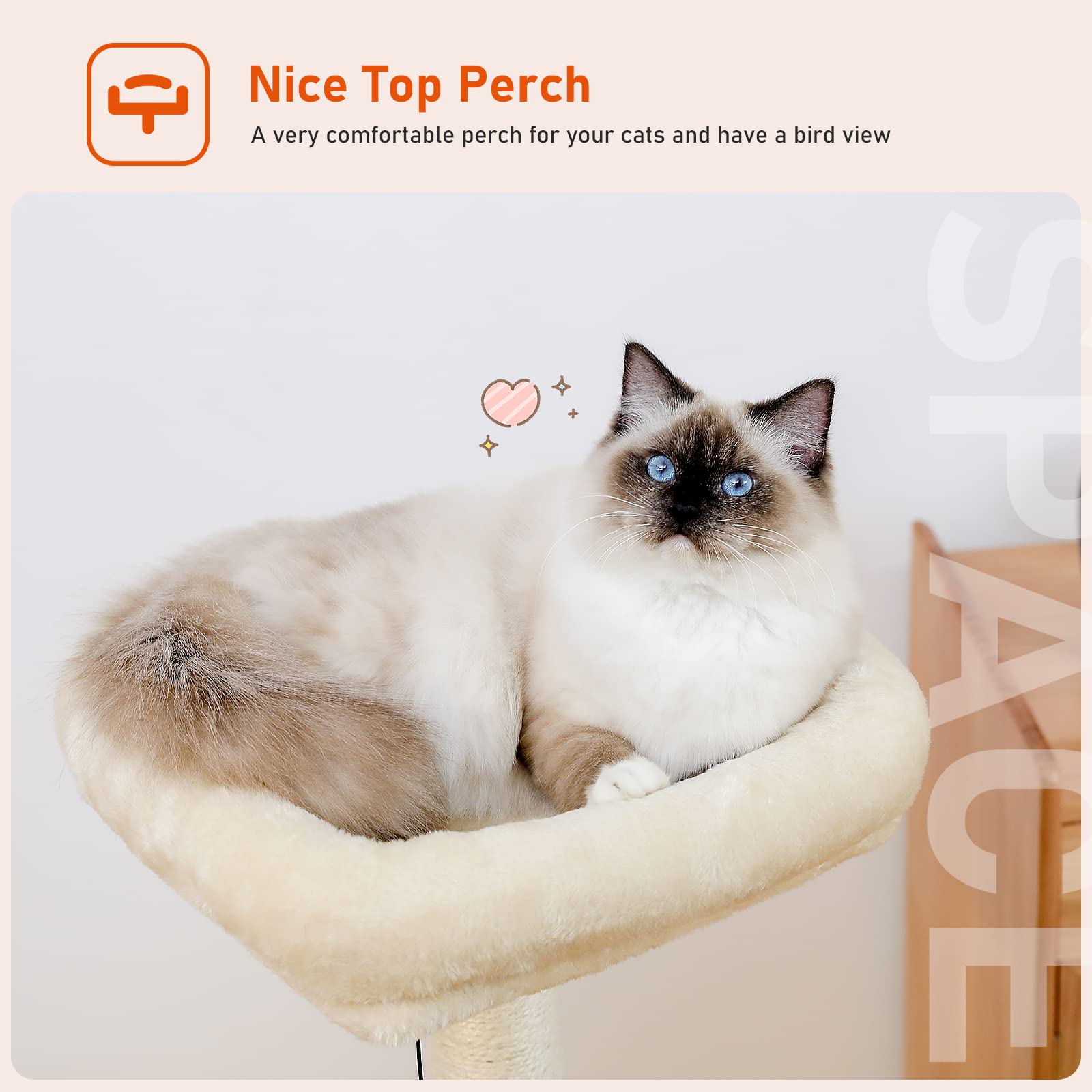 PEQULTI Cat Tree - Modern Indoor Multi-Level Tower with Condo, Hammock, Scratching Post - 43" Wooden Beige - Model AM52-AMT0106BG