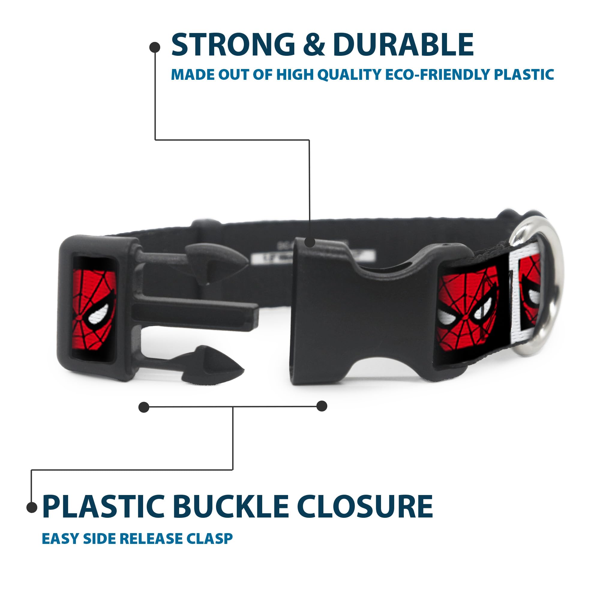 Dog Collar Plastic Clip Spider Man Face Black White Blocks 18 To 32 Inches 1.5 Inch Wide