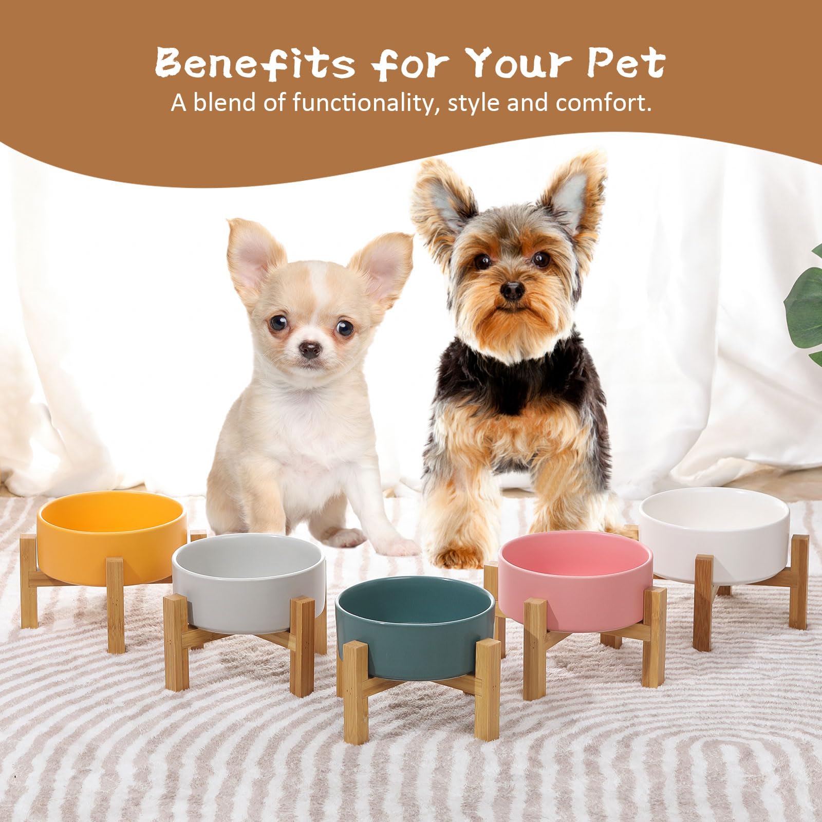 Elevated Ceramic Cat Bowl - Cat Food Bowl with Bamboo Stand - Raised Dog Dish for Puppies - Anti Vomiting, Stress Free - 13.5 oz