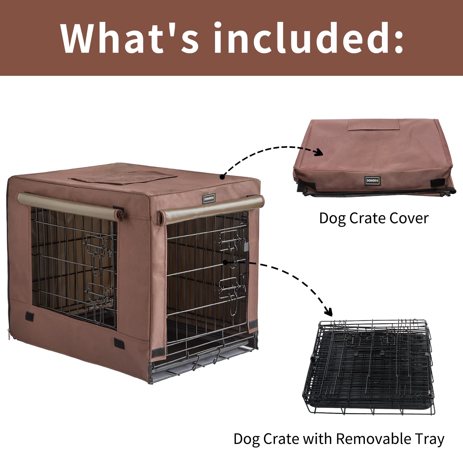 DONORO Dog Crate Kit for Small Dogs, 36"x23"x25", Collapsible Metal, Brown, Double Door with Cover for Indoor Use