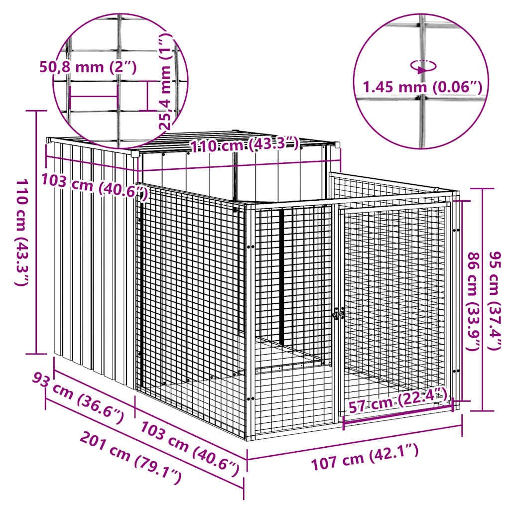 vidaXL - Dog House with Extended Run in Anthracite Color, Sturdy Galvanized Steel Construction, Ample Space, Mesh Design for Ventilation, Weather-Resistant Roof