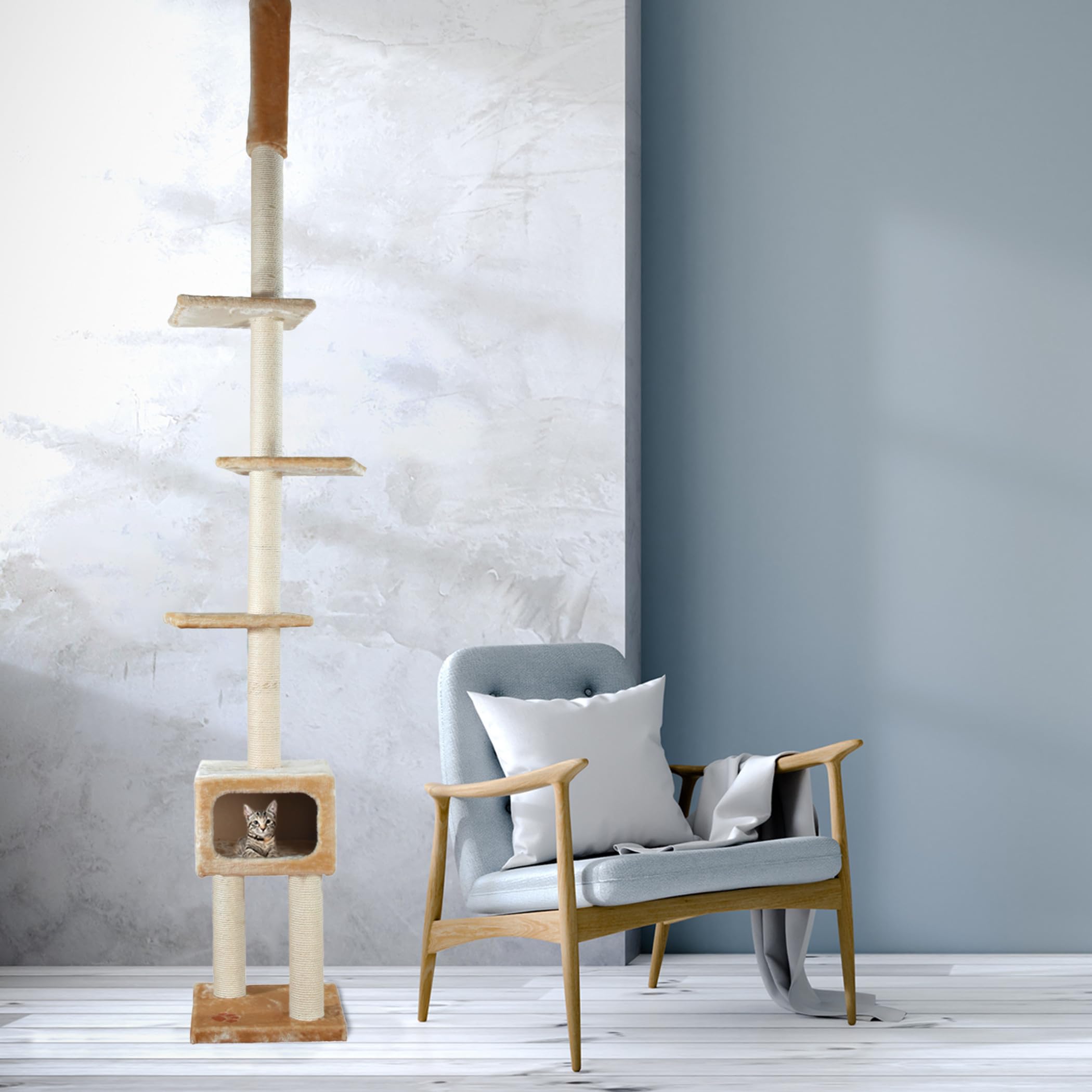 Trixie Santander Floor To Ceiling Cat Tower, Adjustable 96'-108' Height Sisal Cat Scratcher, Cat Condo, Platforms