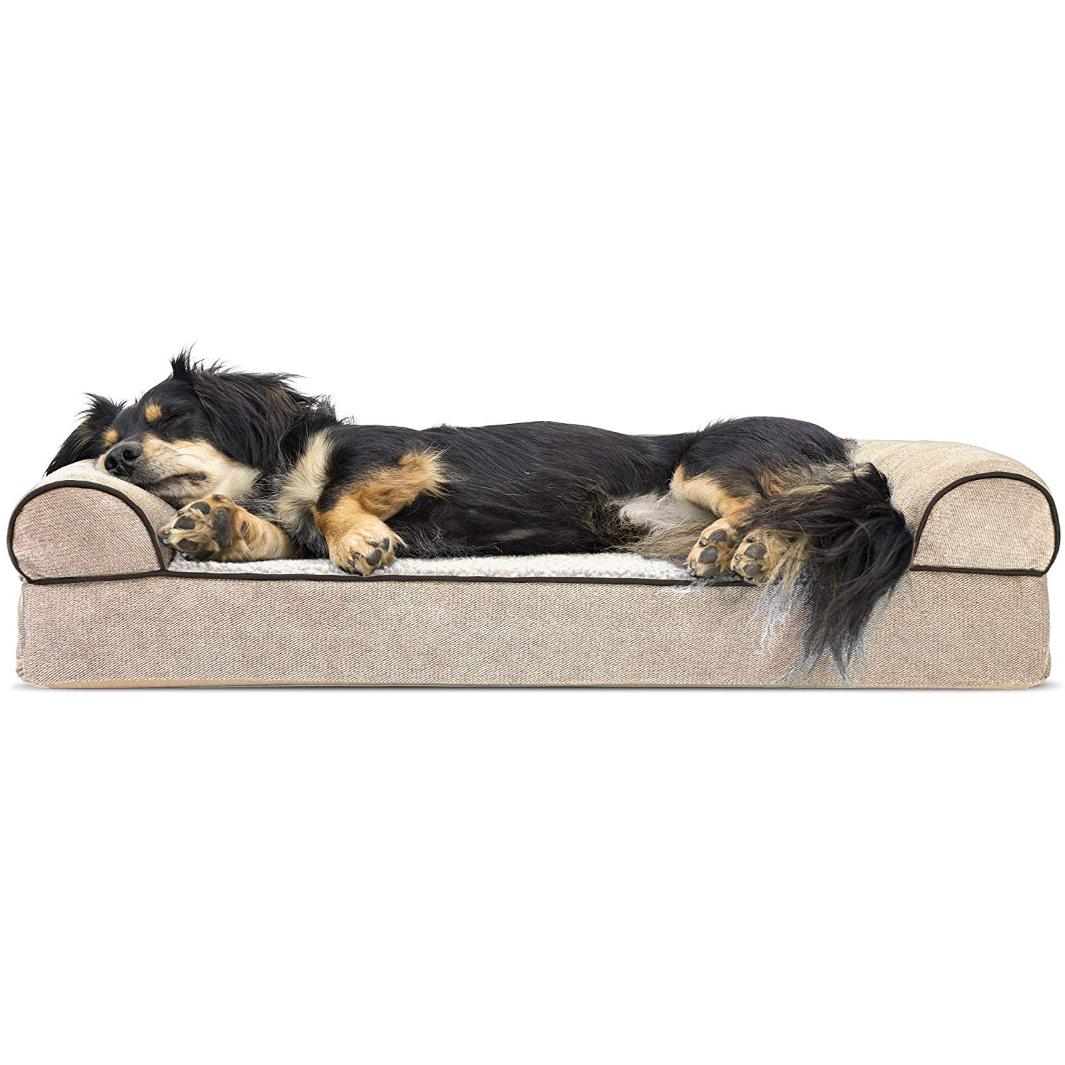 Furhaven Orthopedic Dog Bed For Medium/Small Dogs W/ Removable Bolsters & Washable Cover, For Dogs Up To 35 Lbs - Sherpa & Chenille Sofa - Cream, Medium