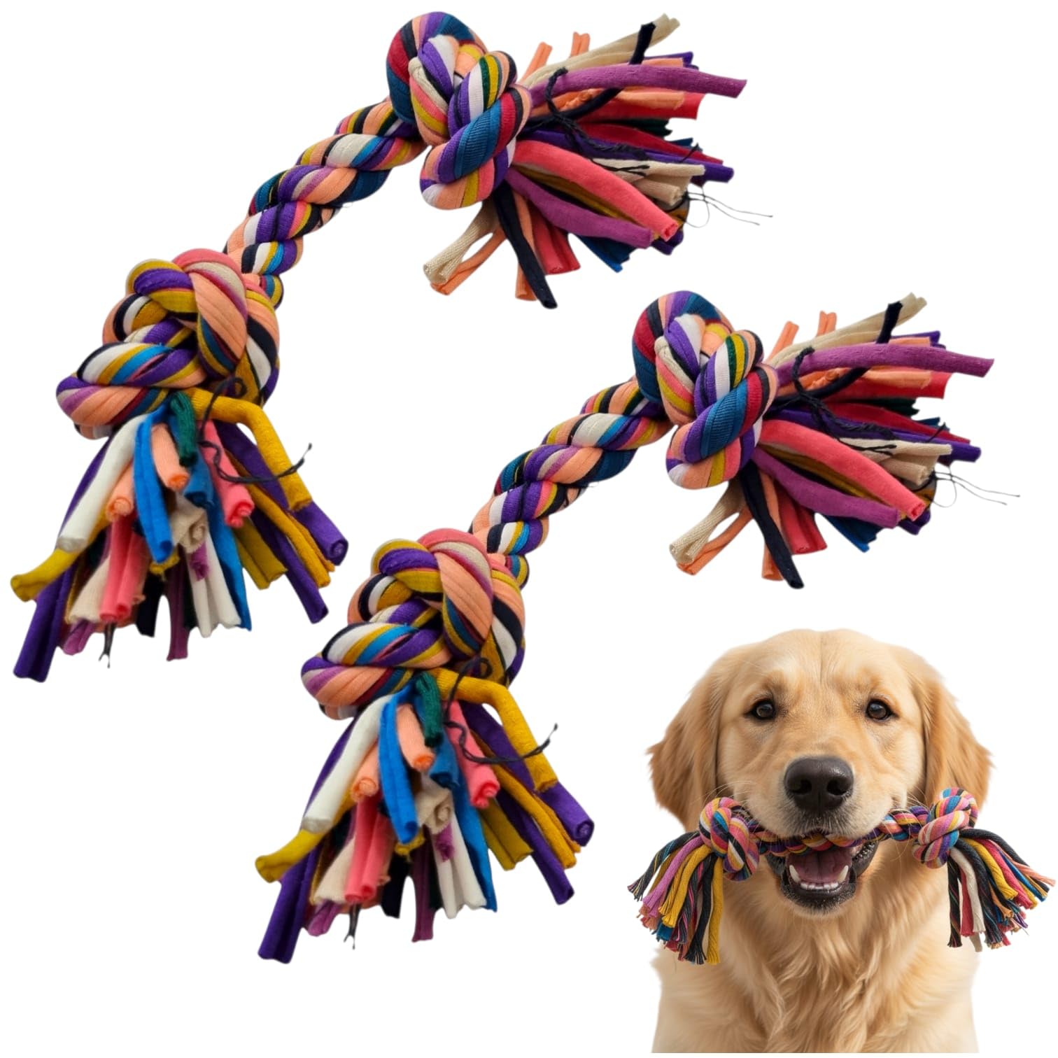 Rianz 2 Knot Cloth Rope Toy For Dogs  Colourful Cotton Chew & Tug Toy For Puppies & Adult Dogs, 28 Cm, Pack Of 2 (Multicolor)