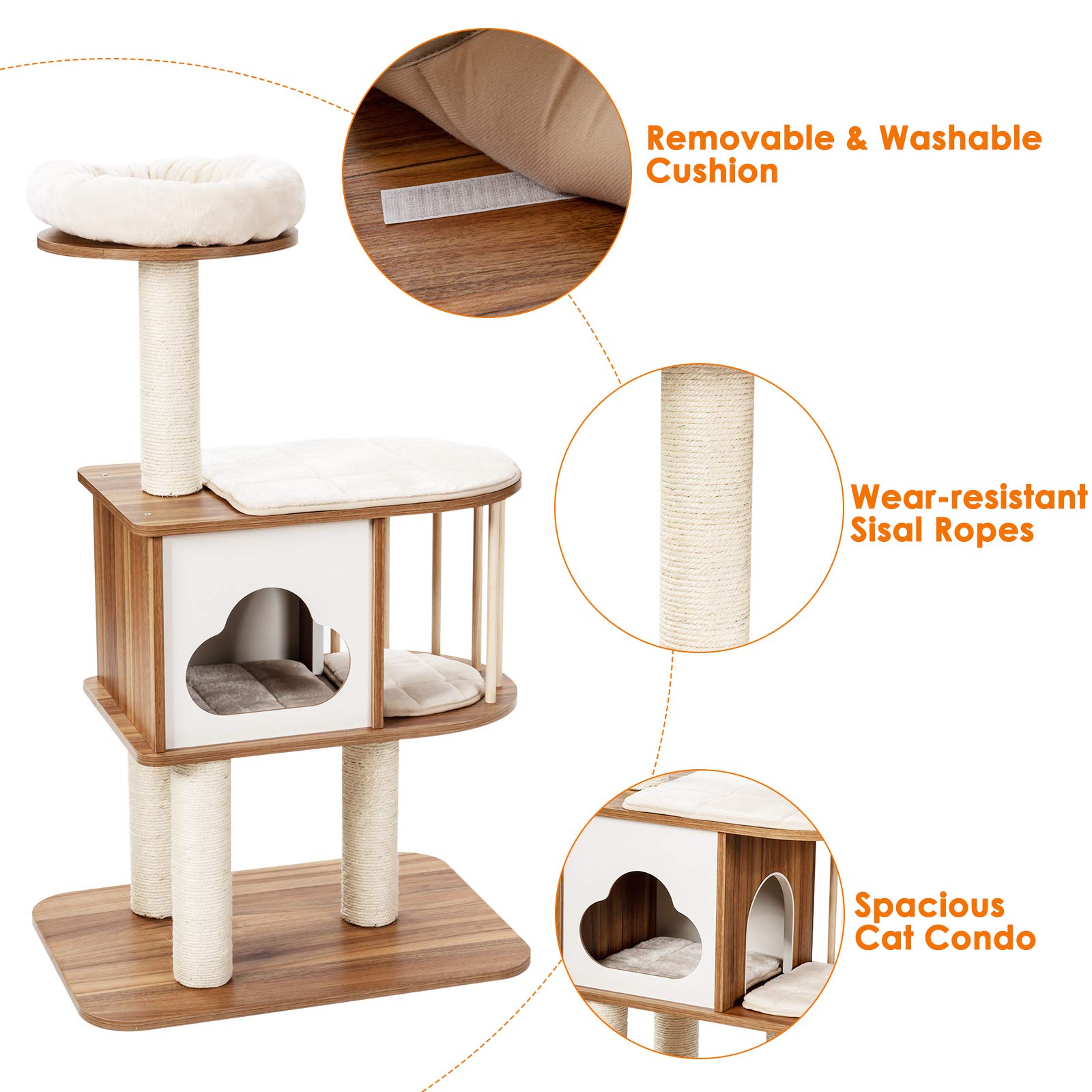 Tangkula Modern Wood Cat Tree, 46 Inches Cat Tower With Platform, Cat Activity Center With Scratching Posts And Washable Cushions, Wooden Cat Condo Furniture For Kittens And Cats (Natural)
