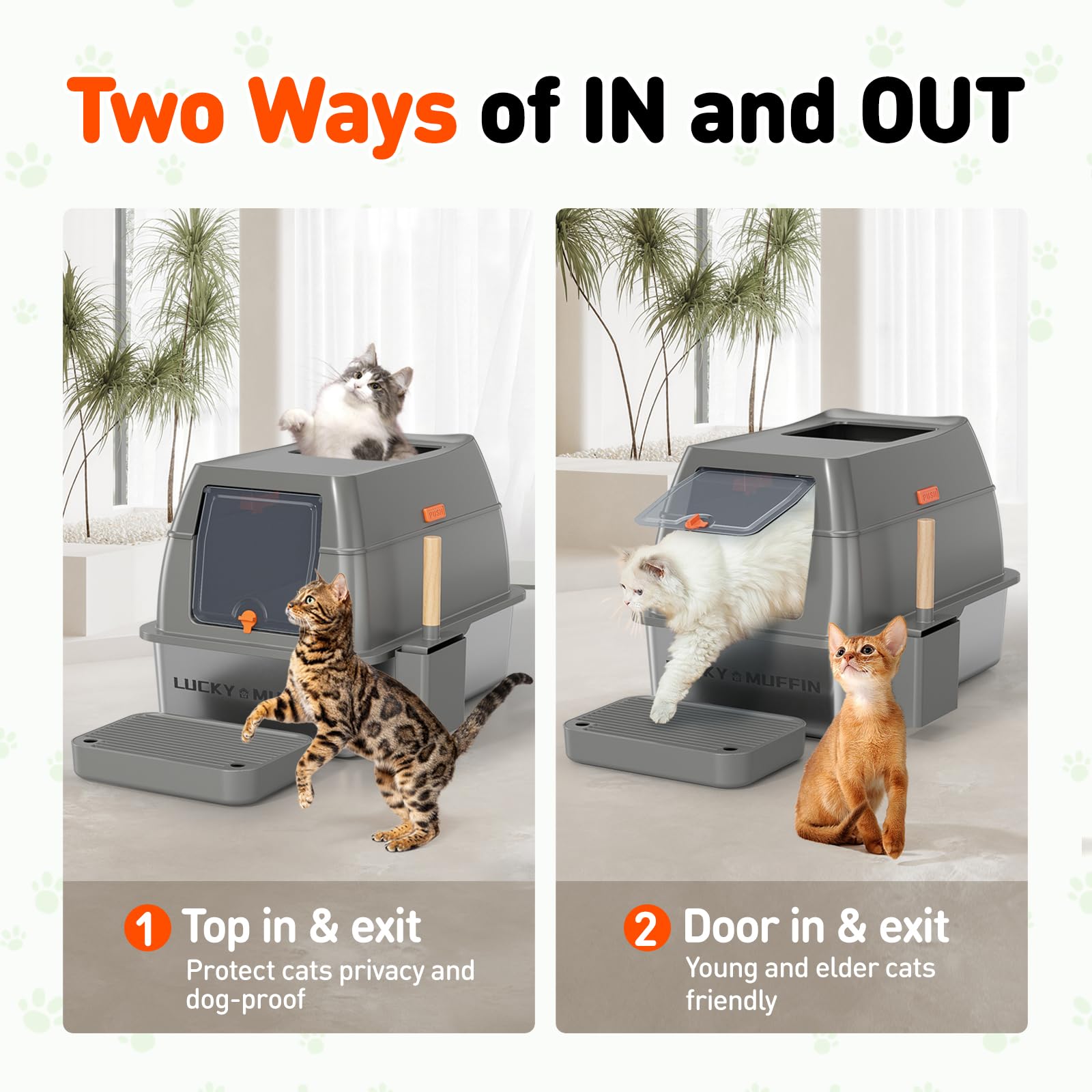 LUCKY MUFFIN 3 in 1 Stainless Steel Cat Litter Box, XL, Dark Grey, Enclosed with Removable Lid, Odor Control & Easy Clean
