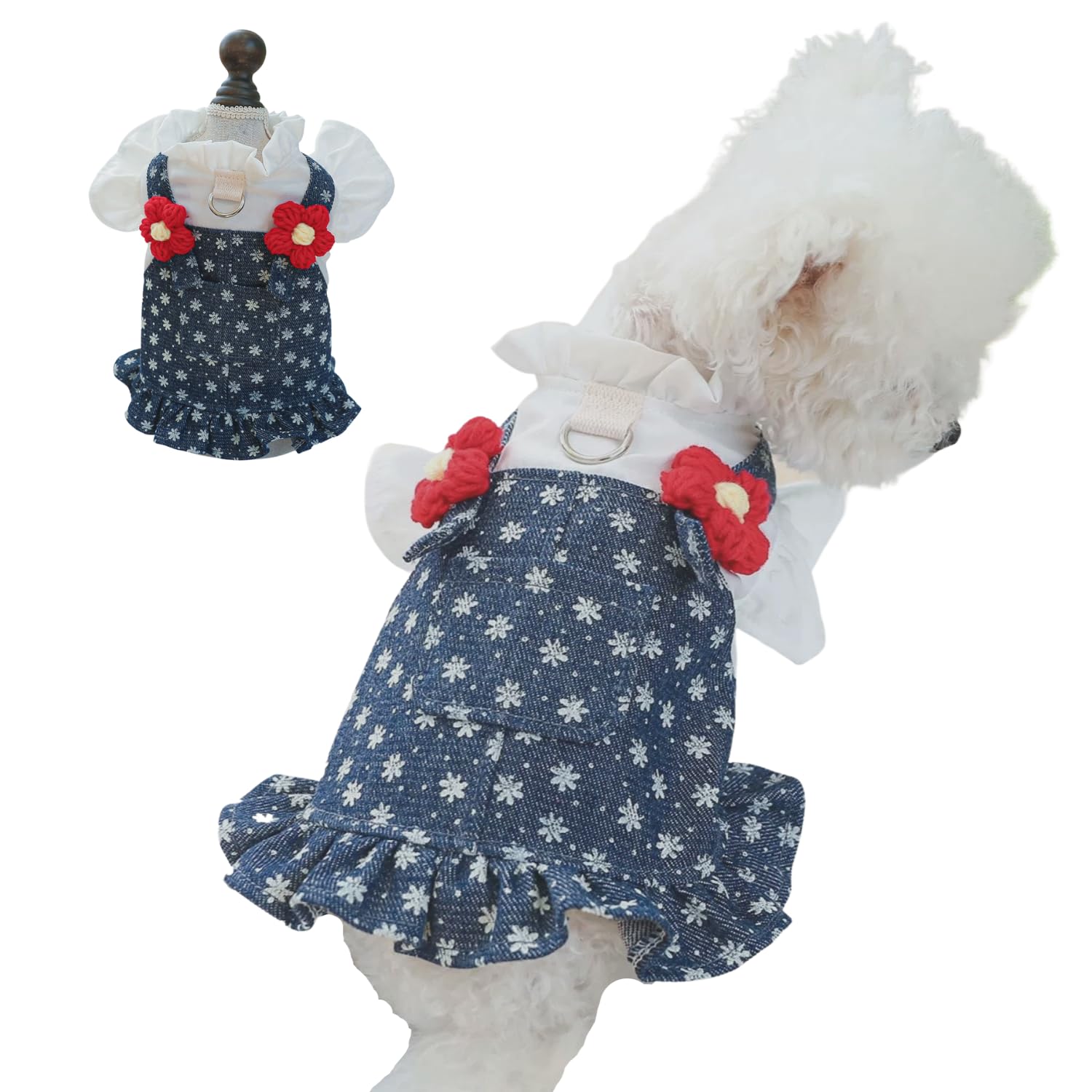 Harikaji Pet Dress, Sweet Denim Floral Small Dog Skirt Girl Tutu Clothing Puppy Cat Apparel Teddy Clothes Wedding Dresses For Sp
