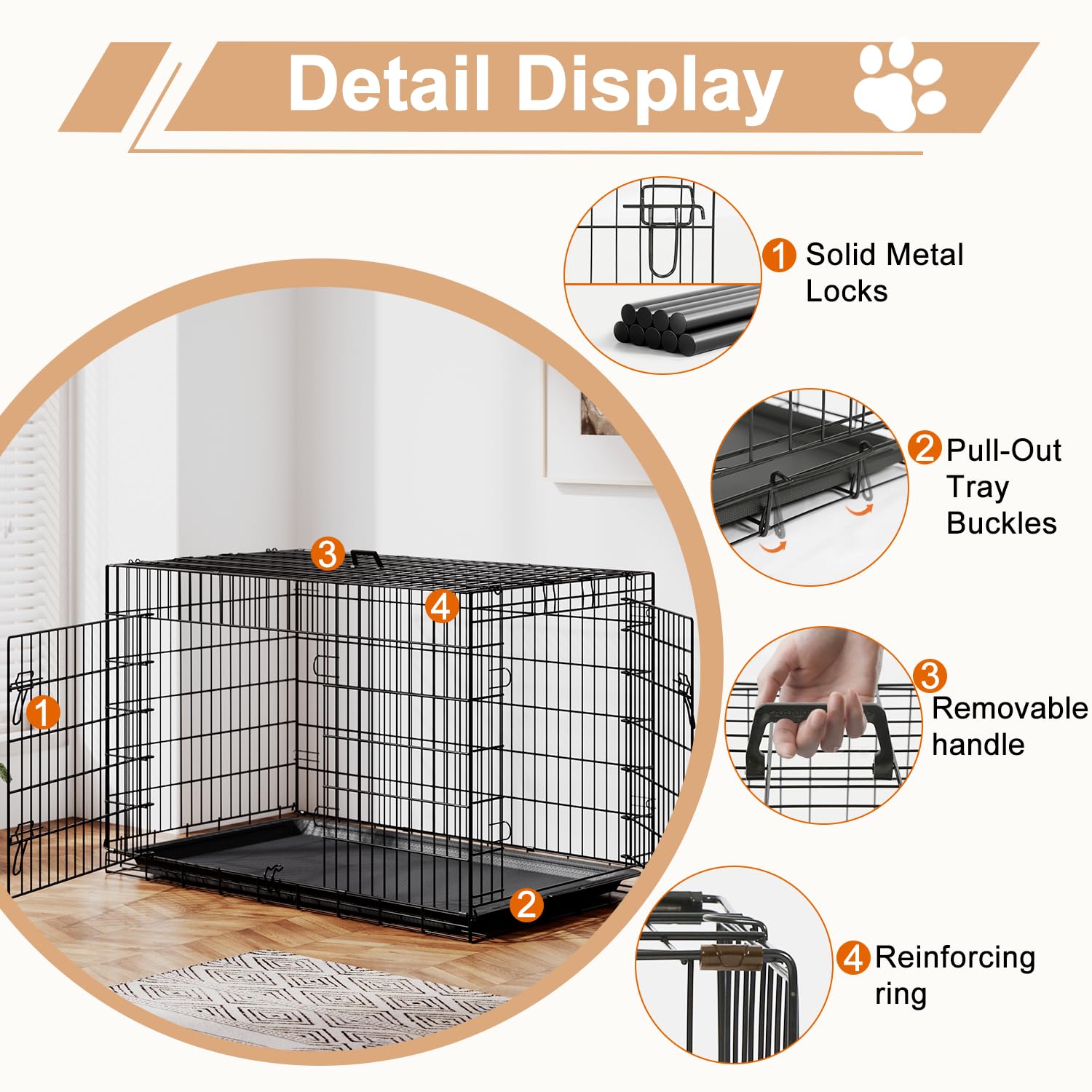FDW XL Dog Crate 48inch Dog Cage Foldable Metal Kennel with Leakproof Tray Foldable Design Indoor Outdoor Use for Extra Large Do