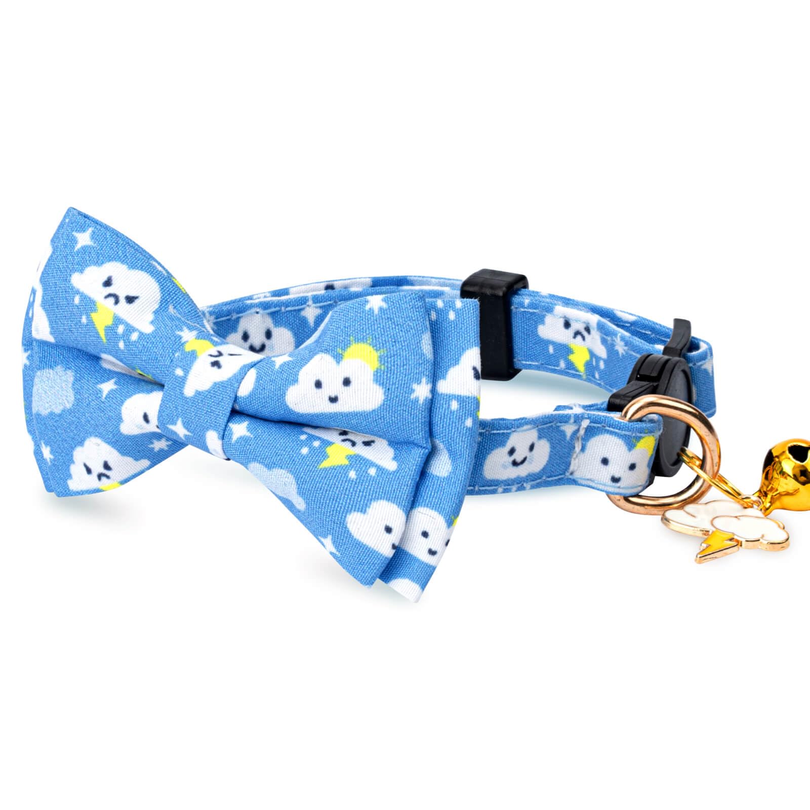 Jelwuion 2 Pack Cotton Cat Collar With Bow Tie And Bell For Girl Boy Cats,Cute Purple Moon And Blue Cloud Pattern Spring Summer