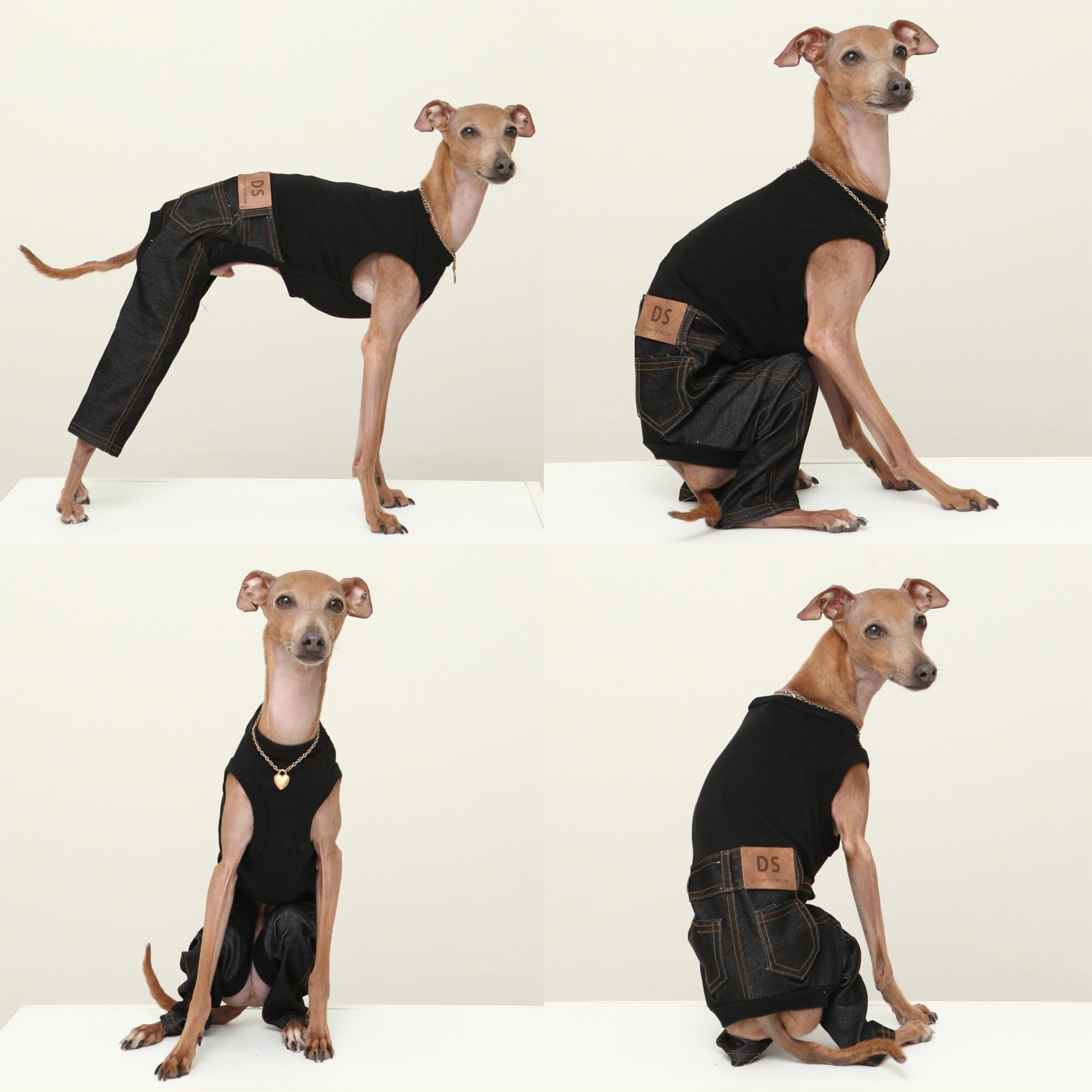 D Doggy Star Italian Greyhound Clothes Sleeveless Jeans Onesie Outfit Whippet For Dog Coat (L,Black Jean)